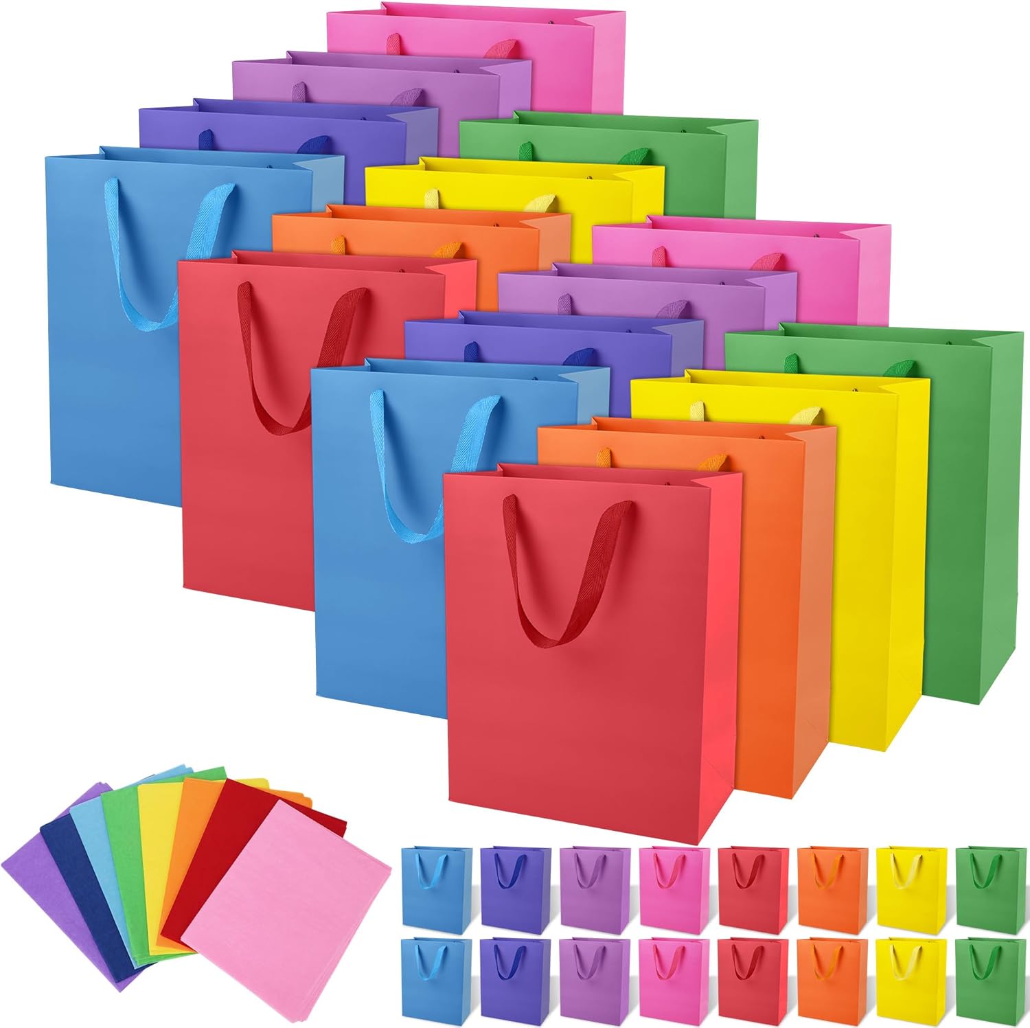 MIMIND 16 Pack 13 x 10 x 4 Inch Large Size Rainbow Gift Bags with Handles Colorful Paper Gift Bags with 32 Tissue Paper Sheets for Birthday Baby Shower Wedding Shopping, 8 Rainbow Colors