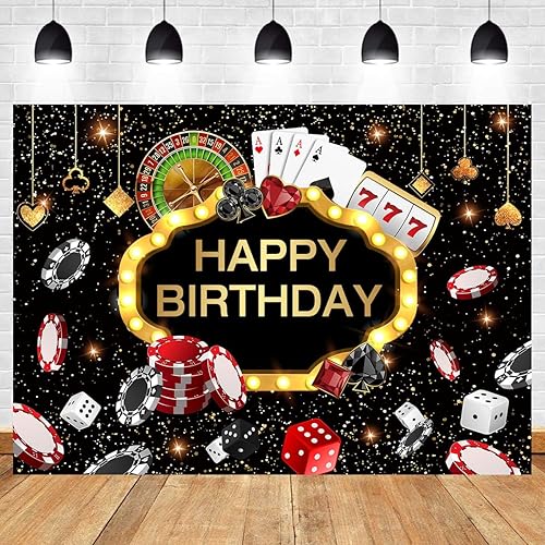 Withu Telón de fondo de feliz cumpleaños para fotografía de casino con purpurina negra y dorada de Las Vegas, tarjetas de póquer nocturno, dados de
