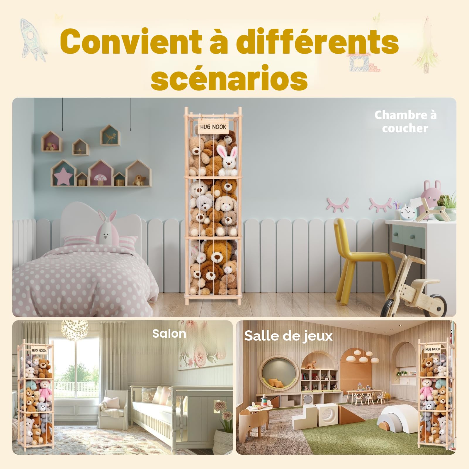 Rangement Peluche, Organisateur à Peluches en Bois, Organisateur de Rangement Gain de Place pour Jouets, Range Peluche pour Salle de Jeu, Chambre à Coucher, Décoration Intérieure
