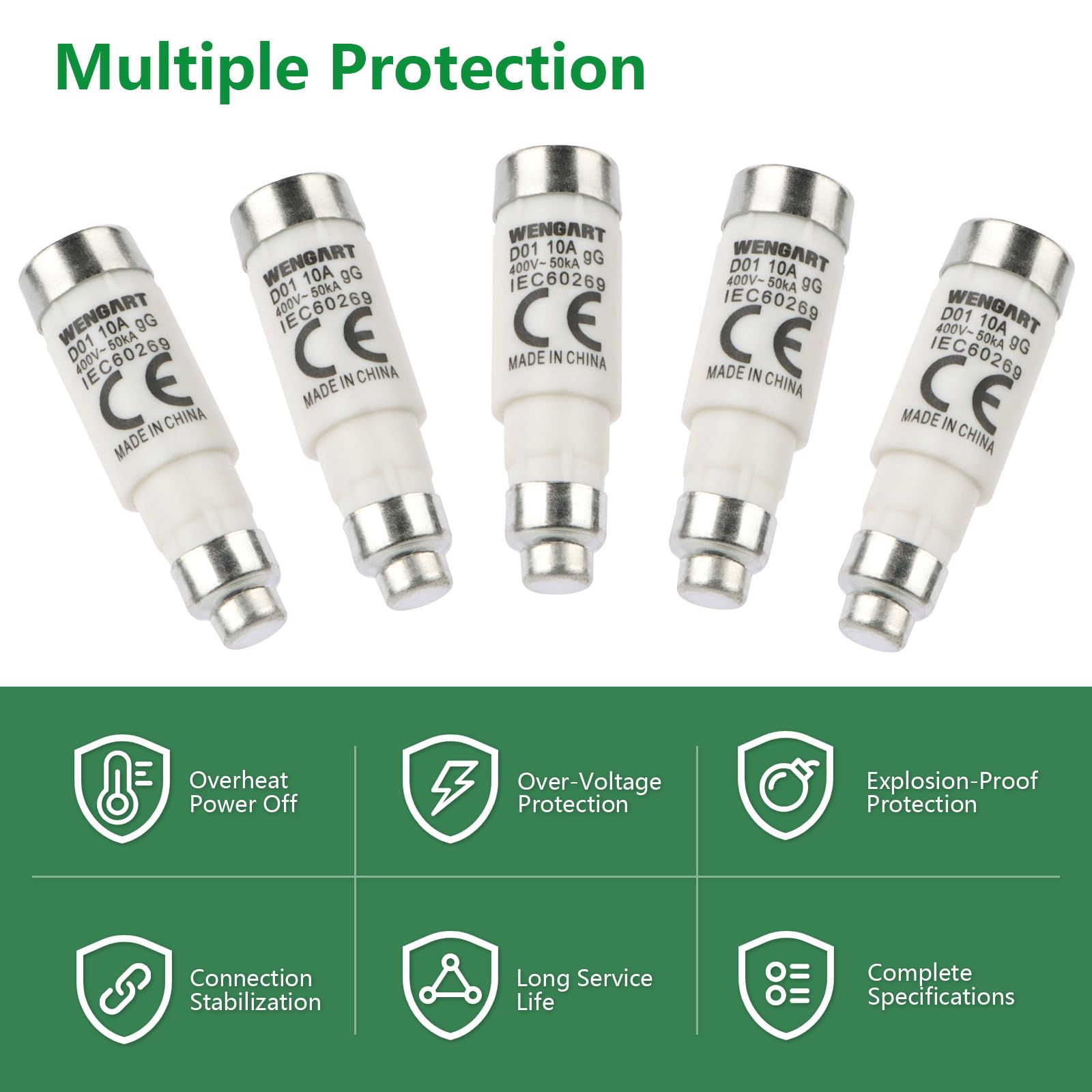 Wengart 10 Pezzi Fusibili a Bottiglia D01 E14,10A 400V AC / 250V DC,Tipo gG per Protezione Linea e Distribuzione, Ceramica di Alta Qualità,Ricambio per Quadri Elettrici Vecchi e Impianti Industriali