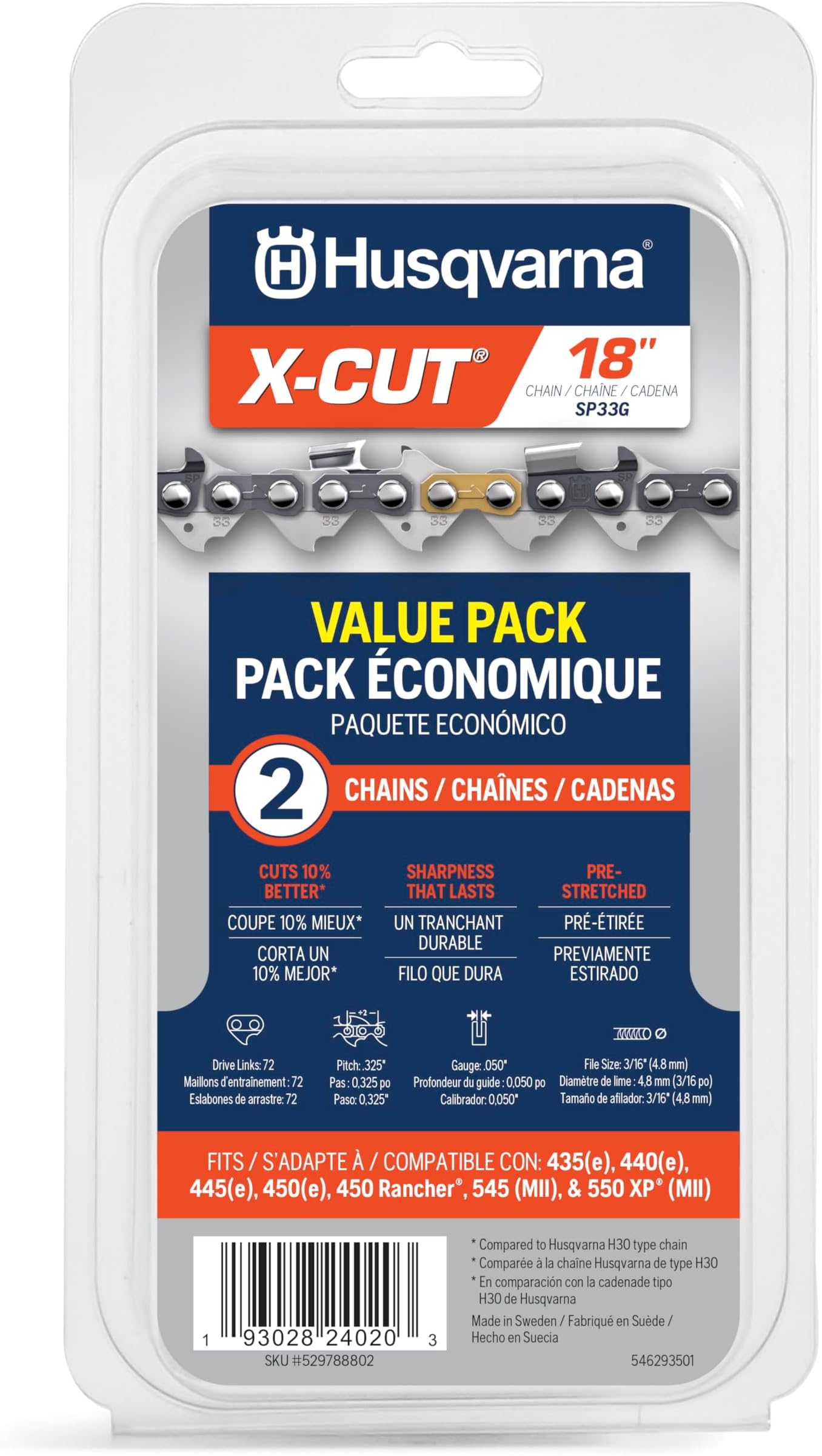 Husqvarna X-Cut SP33G 18 Inch Chainsaw Chain, 2 Pack, .325" Pitch, .050" Gauge, 72 Drive Link, Chain Saw Blade Replacement, Pre-Stretched and Low Kickback, Gray, Gifts For Men