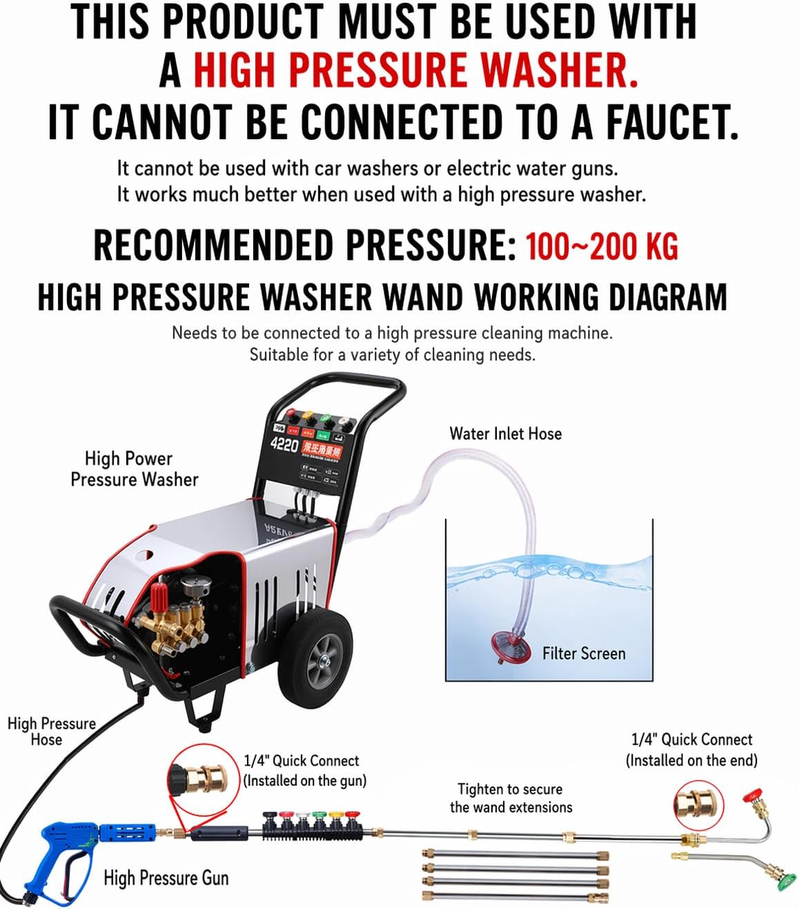 Pressure Washer Extension Wand, Pressure Washer Lance 9 Pack Gutter Cleaning Tools with 6 Spray Nozzle Tips, 30°,90°,120° Curved Rod, 1/4" Quick Connect, 4000 PSI image 5