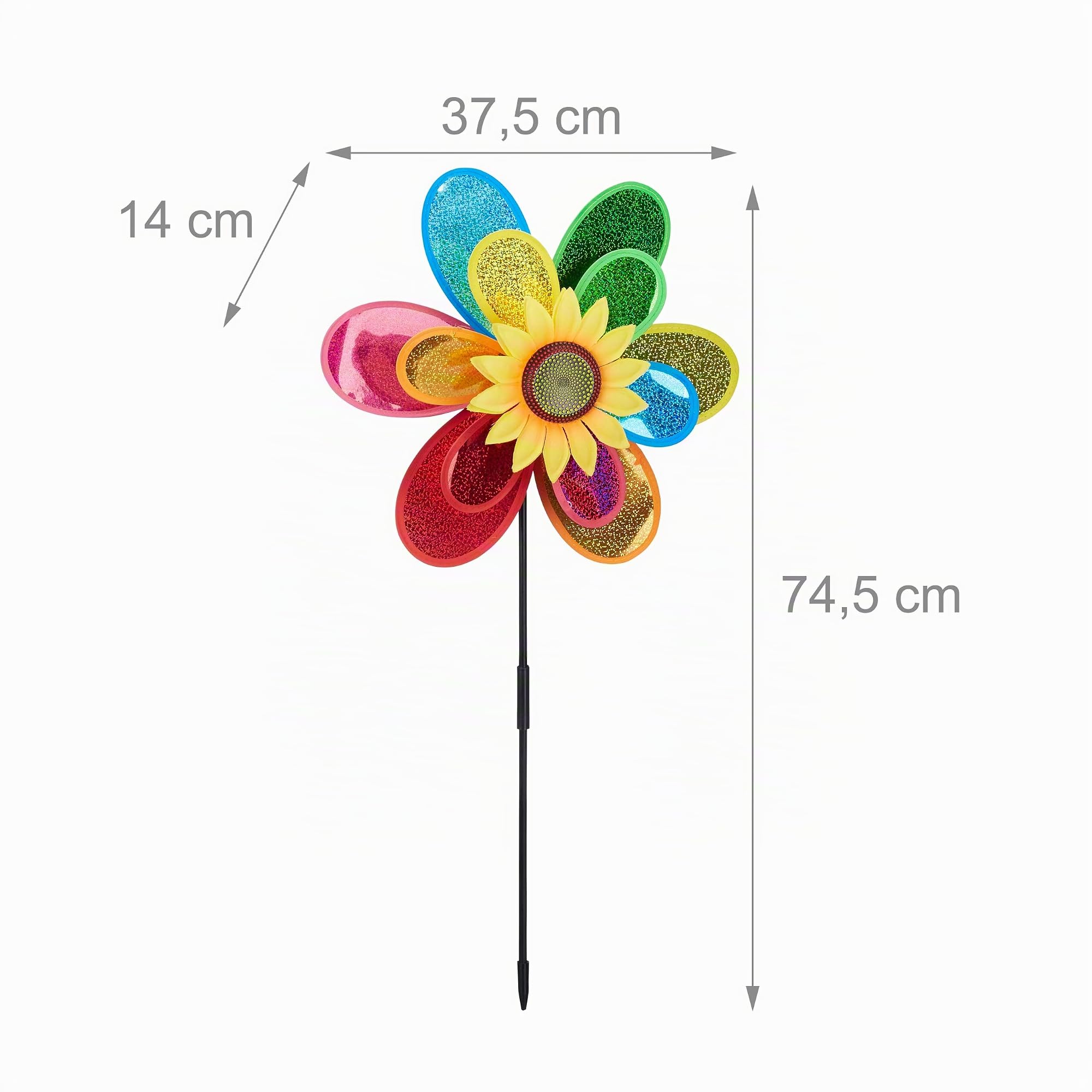 Relaxdays Moulin à vent Fleur, Carillon à vent jouet enfant jardin balcon épouvantail HxlxP 74,5 x 37,5 x 14 cm, coloré