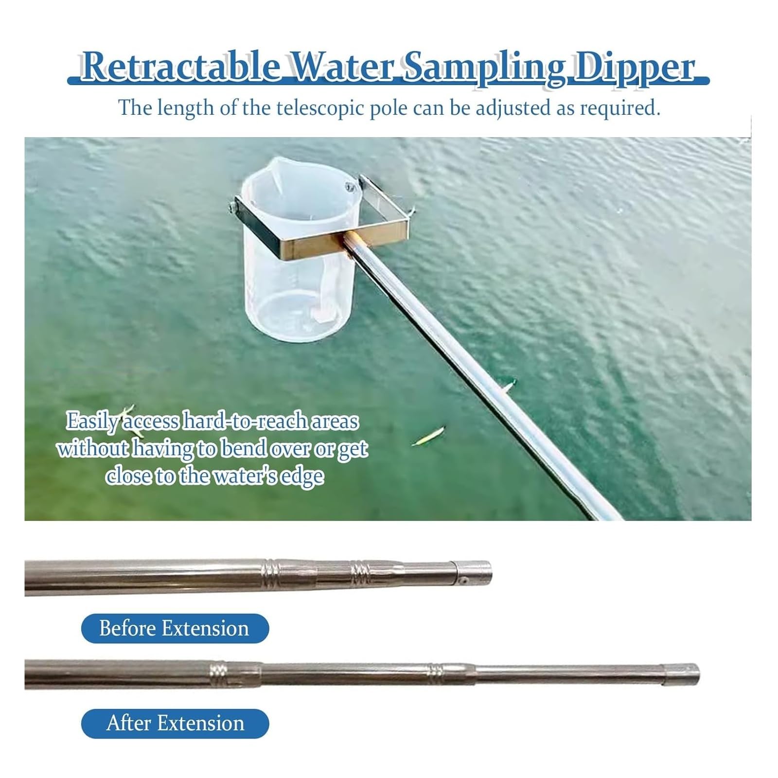 Genérico Muestreador de Agua telescópico de Metal de 500 ml, pértiga de muestreo de líquidos Ajustable con Vaso de precipitados de plástico y Escala, Ideal para análisis de ríos, Lagos y Piscinas, y