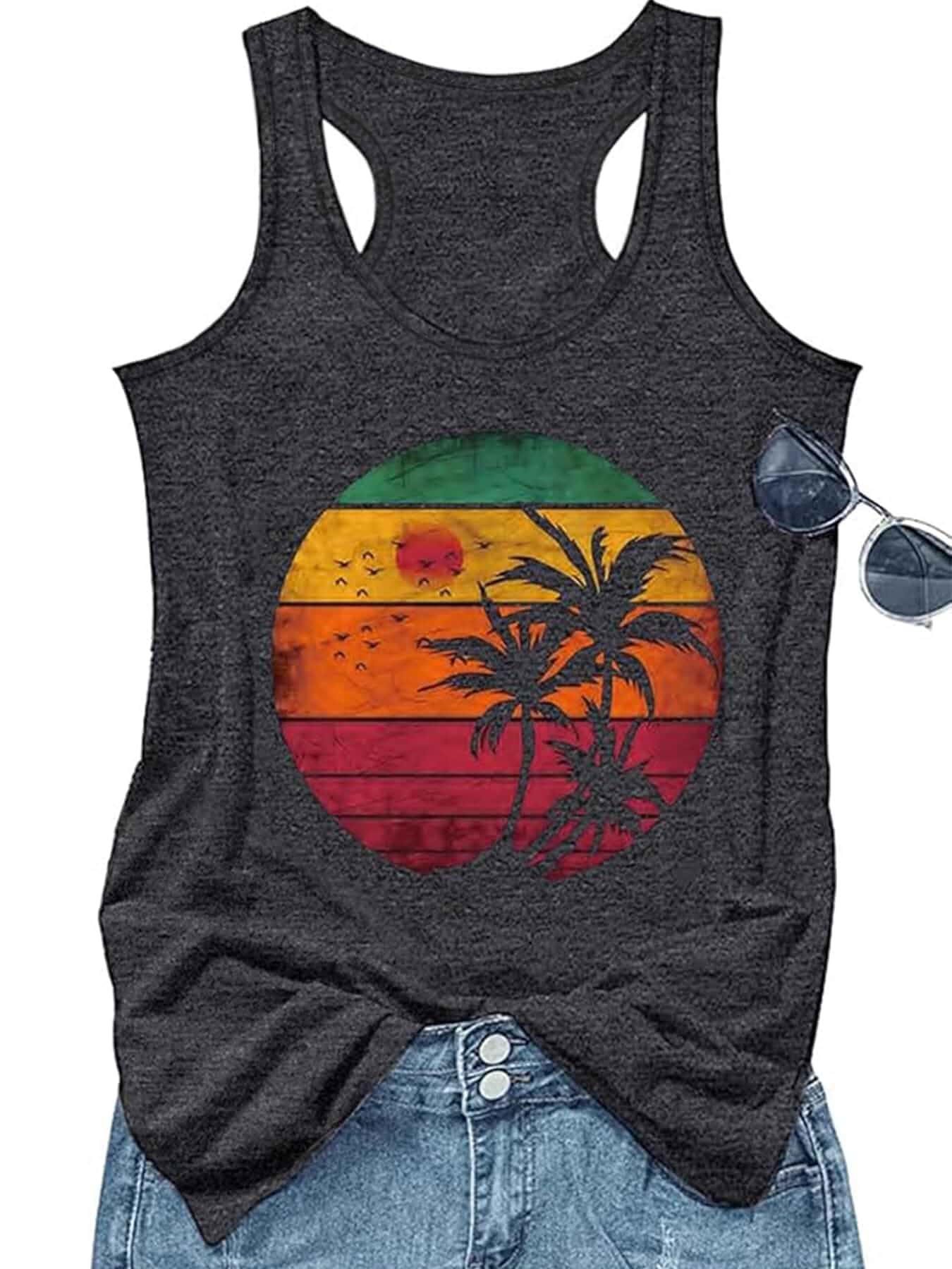 Vintage Graphic Tank Tops for Women Summer Beach Graphic Loose Tanks Sleeveless Vest USA Flag Vacation Racerback Tank Cami Sleeveless