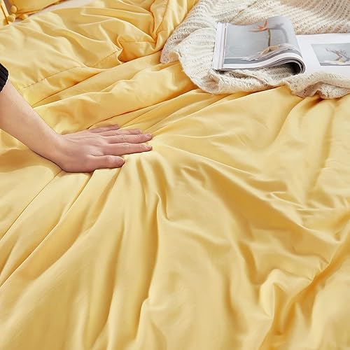 Miniatura 8 de Andency Funda de edredón con flecos y pompones, tamaño matrimonial (79 x 90 pulgadas), 3 piezas (1 funda de edredón amarillo liso, 2 fundas de