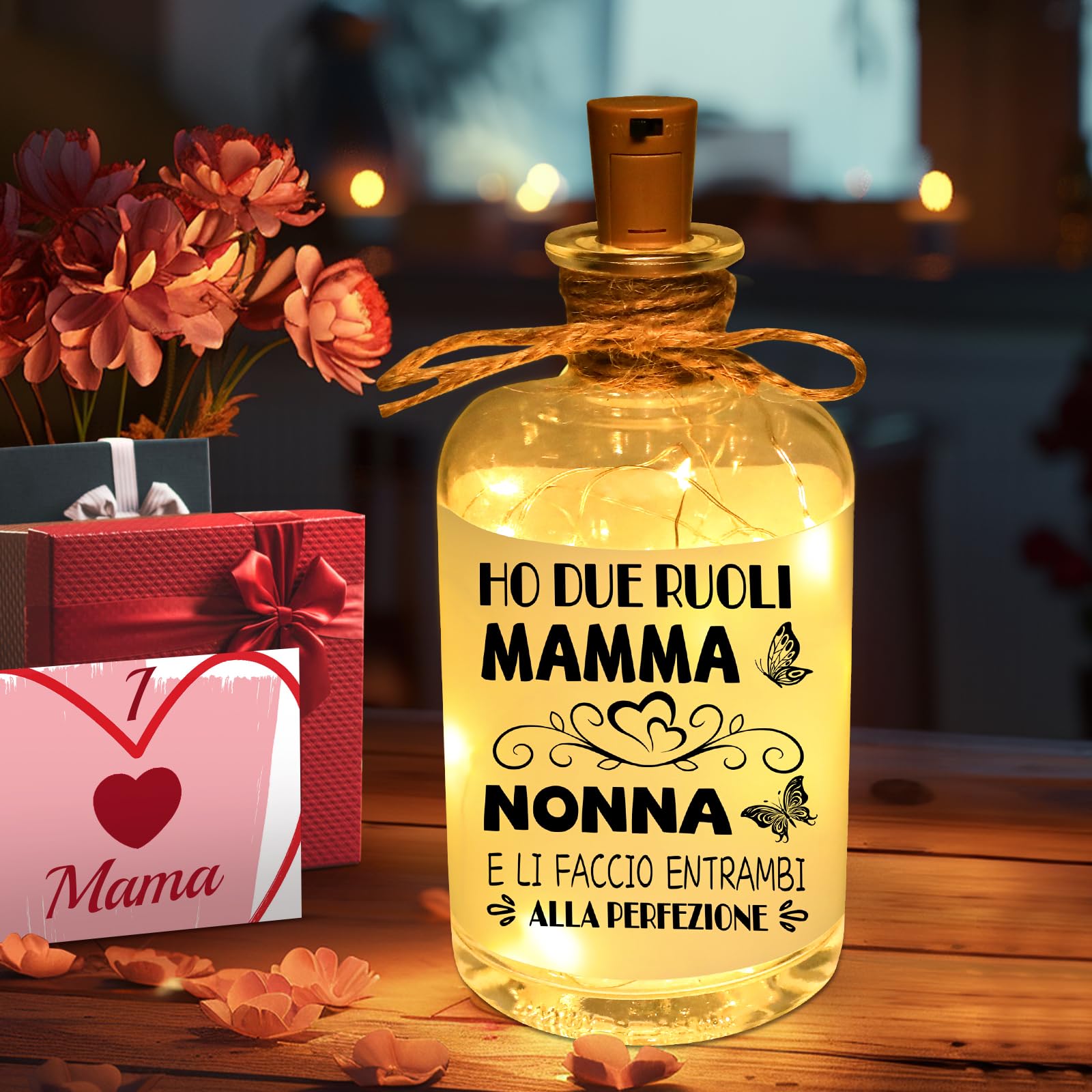 Linkax Regalo Festa della Mamma Idee, Regali per la Festa della Mamma Originali, Luci per Bottiglia Personalizzato con Tappo, Regali Prima Nonna Originale DIY per Decorazione Compleanno