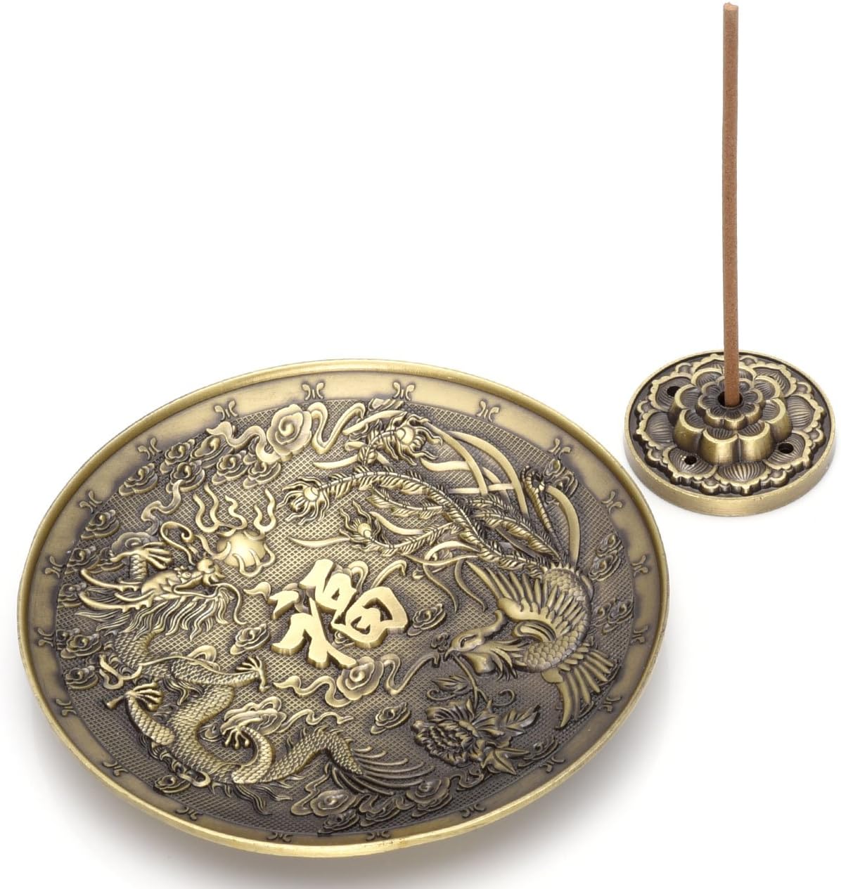 MANIFO Incense Burner Holder - Vintage Chinese Dragon Phoenix Censer Plate Stand with Ash Catcher, 5 Holes (Bronze)