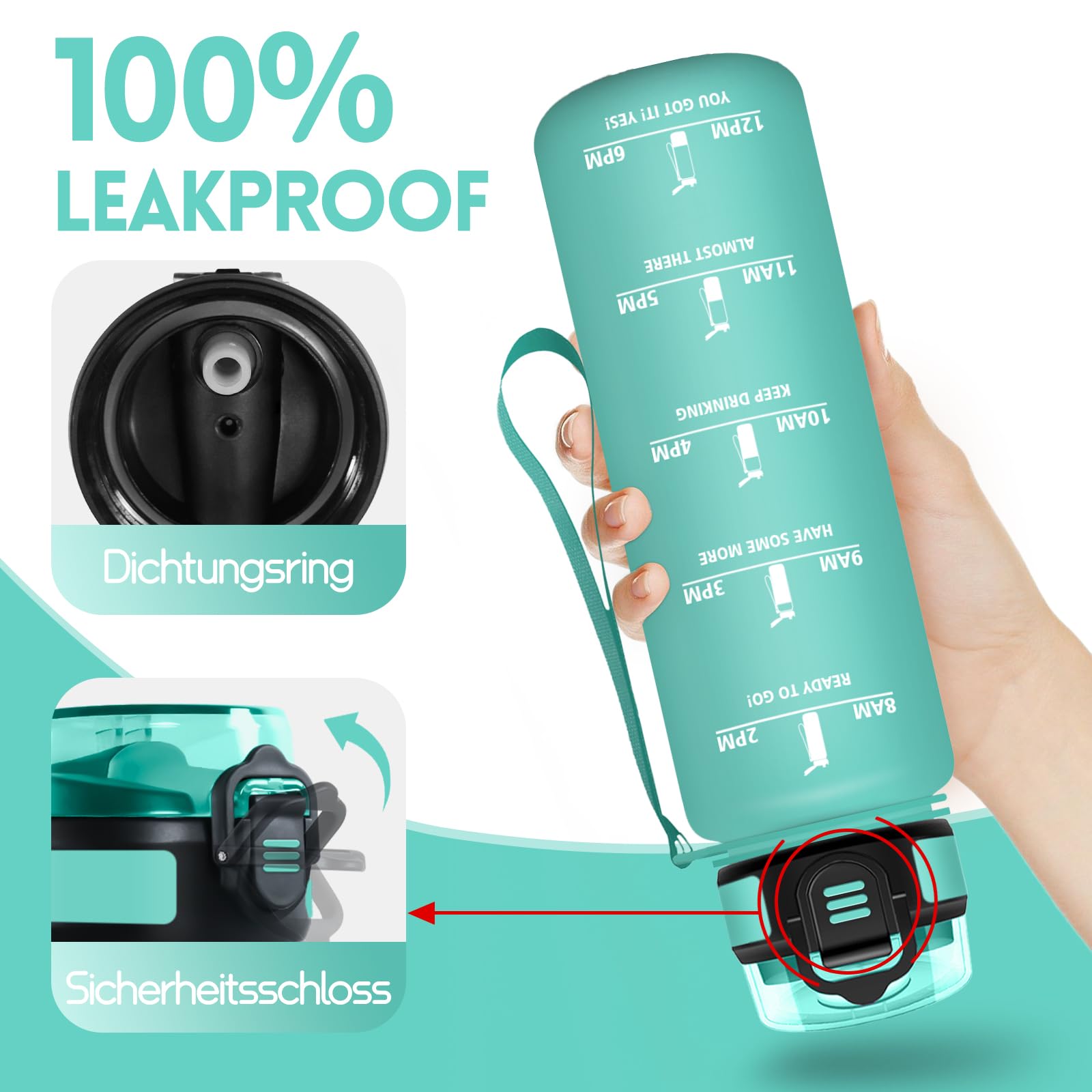 Mulbijeo Borraccia 1 Litro, Libre de BPA & Reutilizables, Borracce con Cannuccia, A Prova di Perdita, Borraccia Motivazionale, Portatile, Borracce Palestra per Scuola, Palestra, Ufficio, Festa