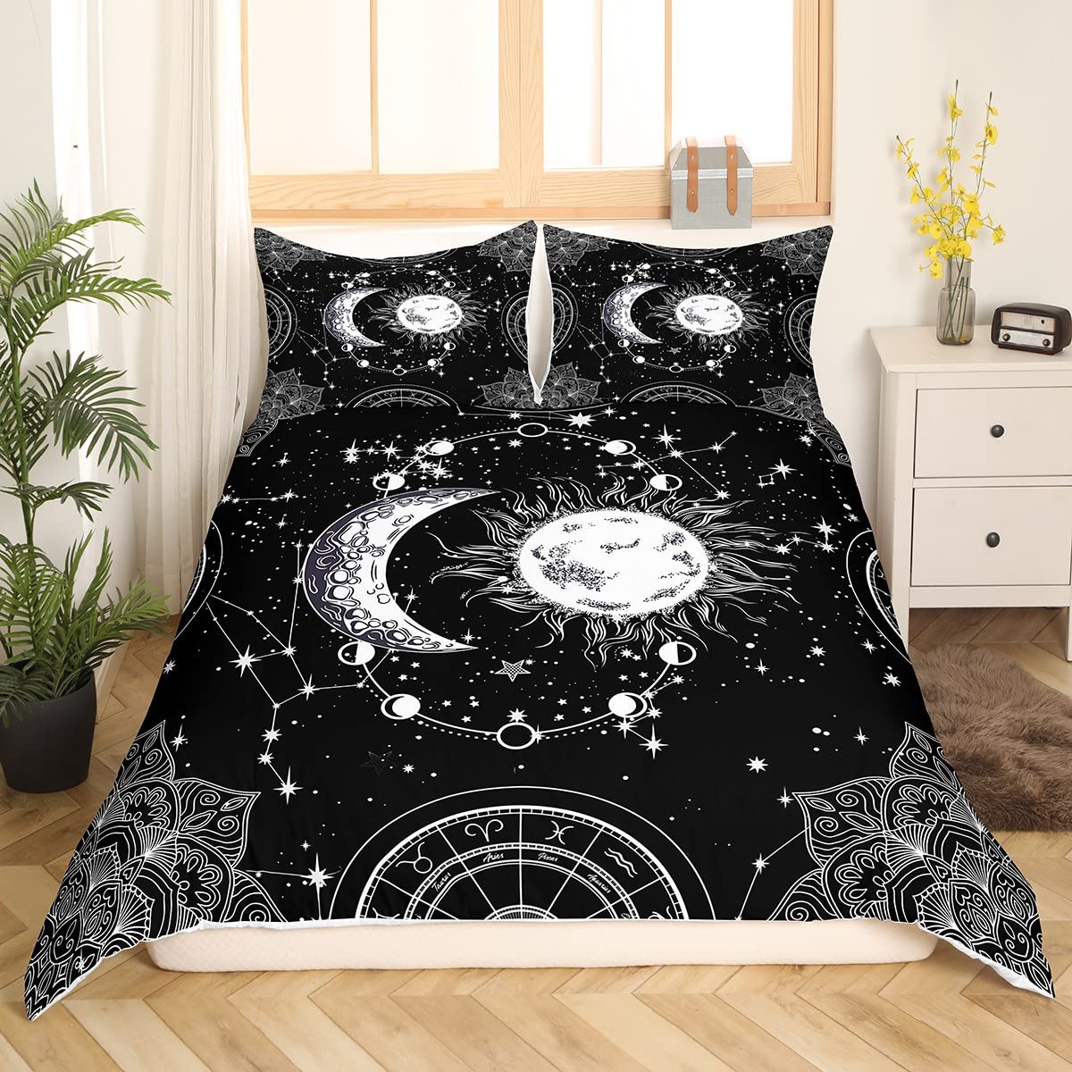 Loussiesd Sun and Moon Bedding Set Constellation Comforter Cover for Kids Boys Girls Teens Psychedelic Boho Mandala Duvet Cover Celestial Galaxy Bedspread Cover Black White Quilt Cover Super King - Image 4