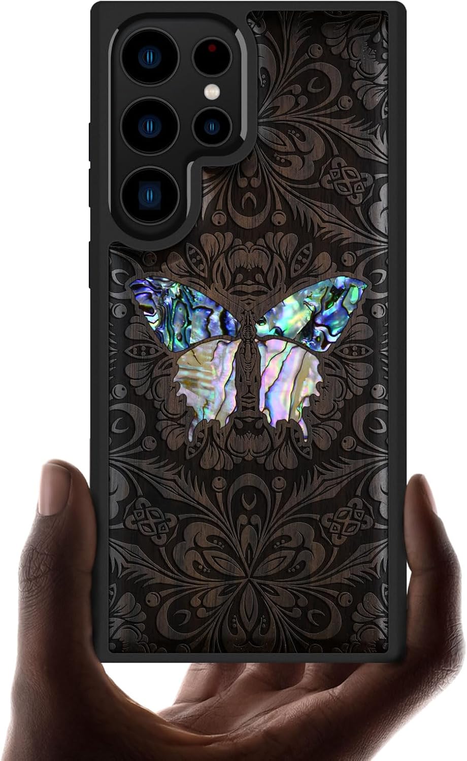 Carveit Designer Wooden Case for Samsung Galaxy S23 Ultra Cover [Wood Engraving & Shell Inlay] Compatible with Wireless Chargers S23 Ultra Case (Baroque Butterfly-Blackwood)