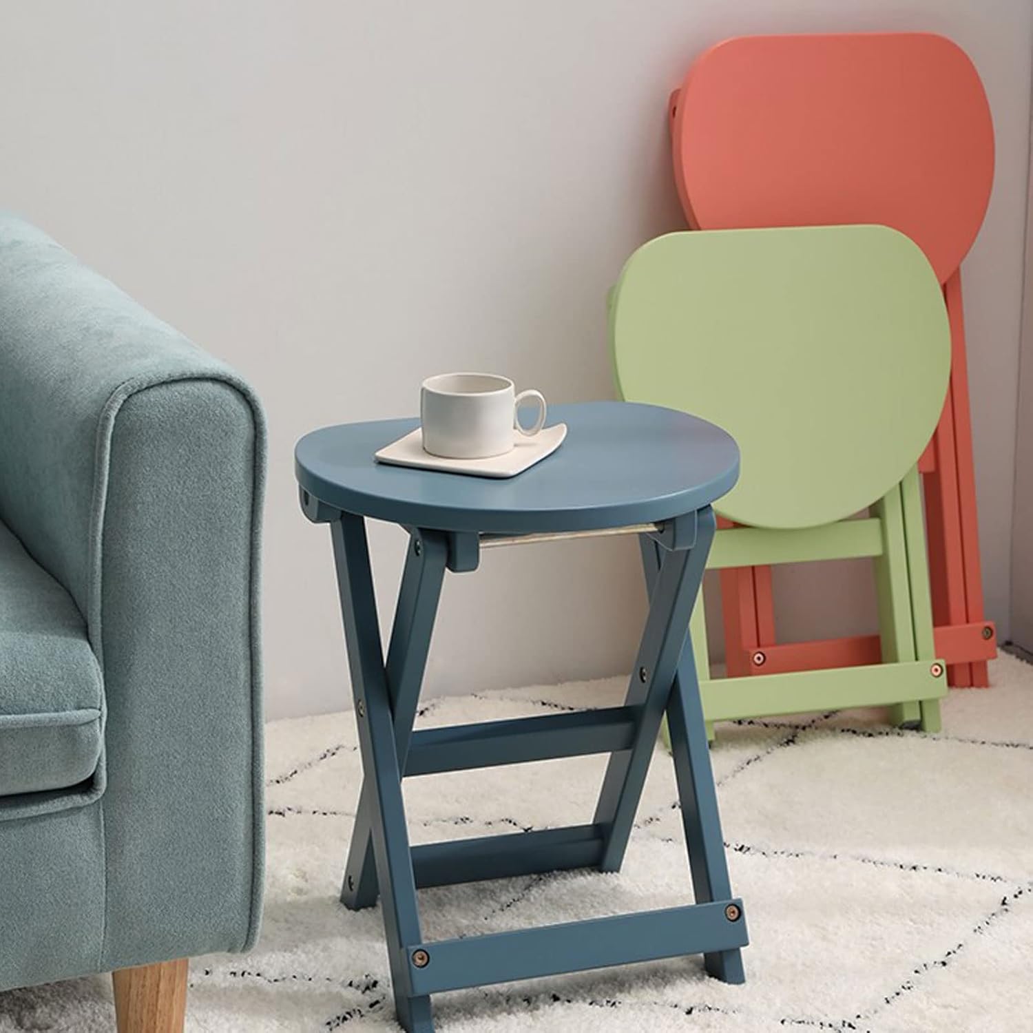 Tall Foldable Chair Kitchen Folding Bar Stool Solid Wood Lightweight Portable Collapsible Stool for Adults Kitchen Island Guitar Shop Cafe,Blue,62cm