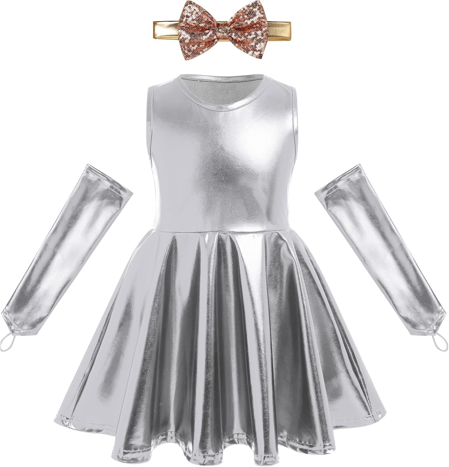 IBAKOM Toddler Baby Girl Metallic Pleated Dance Dress with Arm Sleeves Kid Christmas Dance Costumes Hip Hop Dresses