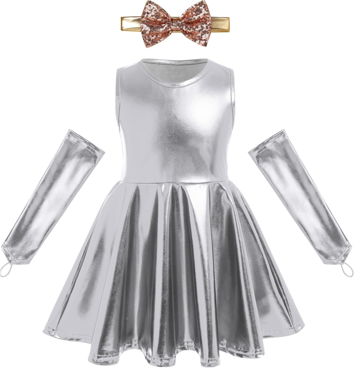 IBAKOMToddler Baby Girl Metallic Pleated Dance Dress with Arm Sleeves Kid Christmas Dance Costumes Hip Hop Dresses