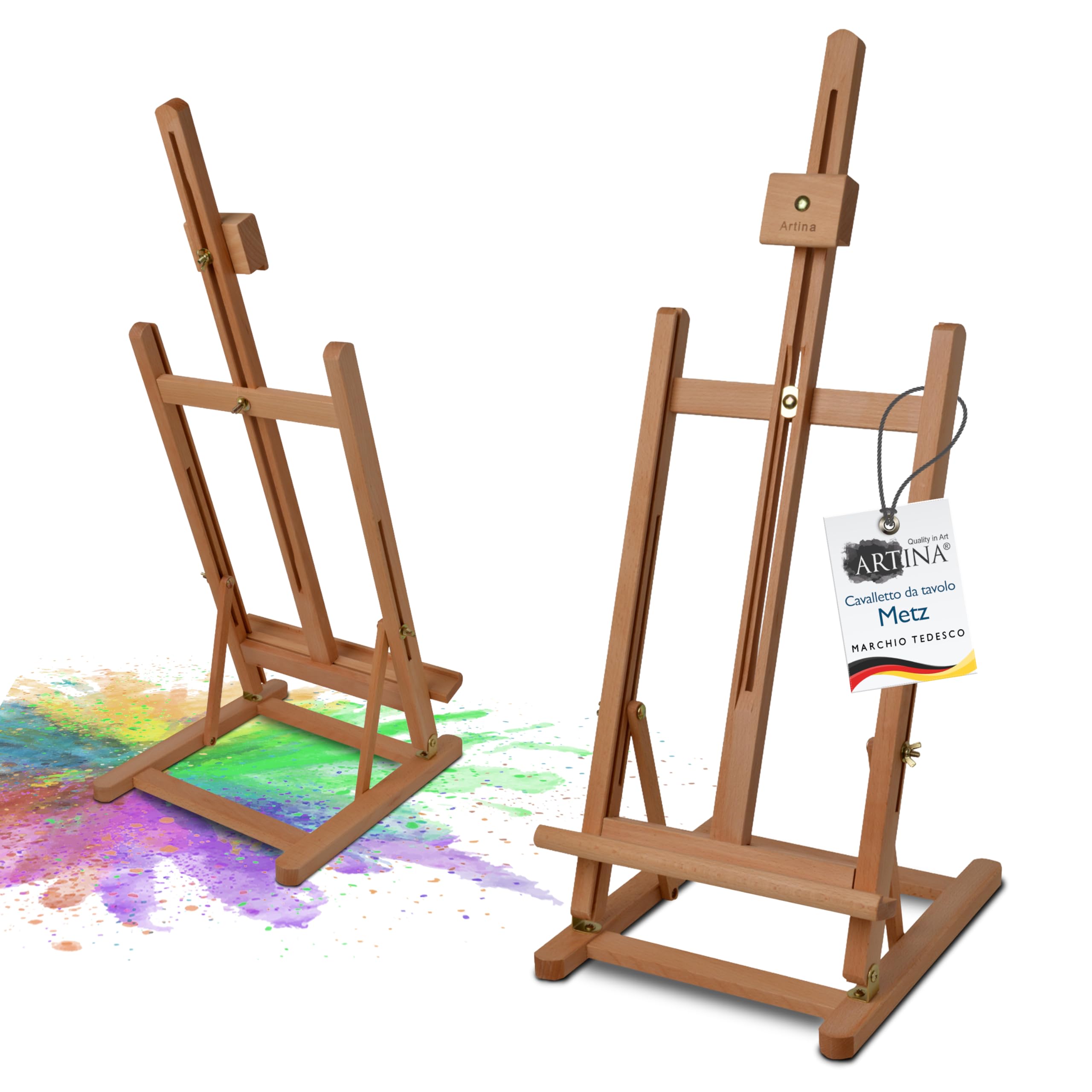 Artina Cavalletto da Tavolo Metz - Cavalletto Pittura in Legno massello di faggio - Tele Max. 62cm, inclinabile - cavalleto Stabile e Resistente - per artisti