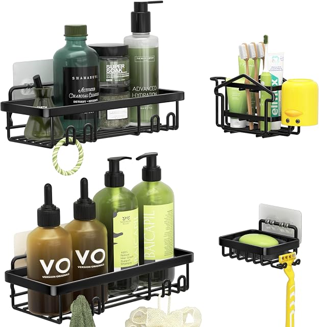Shower Caddy 4 Pcs , WayEee Shower Shelf Wall Mounted For Organiser Storage , No Drilling Bathroom Shelves With Self-Adhesive Hooks Stainless Steel Caddy Organiser Basket, Rust Proof