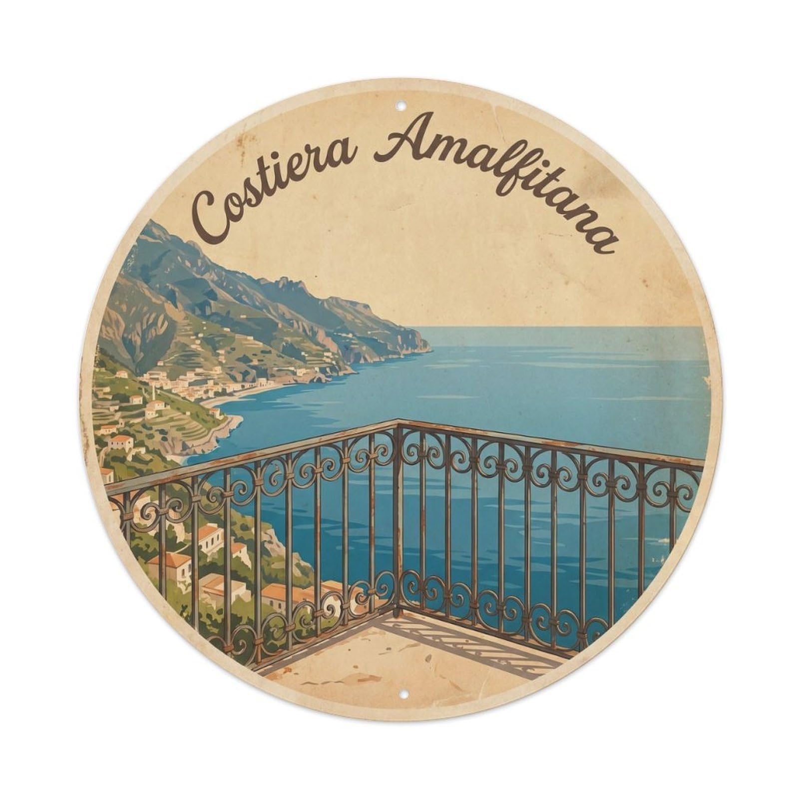 Italian Coast Terrace Ocean Vista Vintage Travel Mediterranean Metal Tin Sign Plaque Wall Decor for Cafe, Man Cave, Club Bar, Office, Home Garden Round Metal Poster 8x8Inch