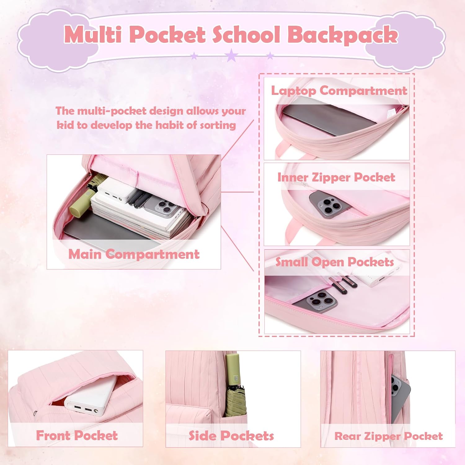 Kimwadalh Pink School Backpack Set, Girls School Bookbag with Lunch Bag & Pencil Case for Preschool Elementary High School Teens Girl