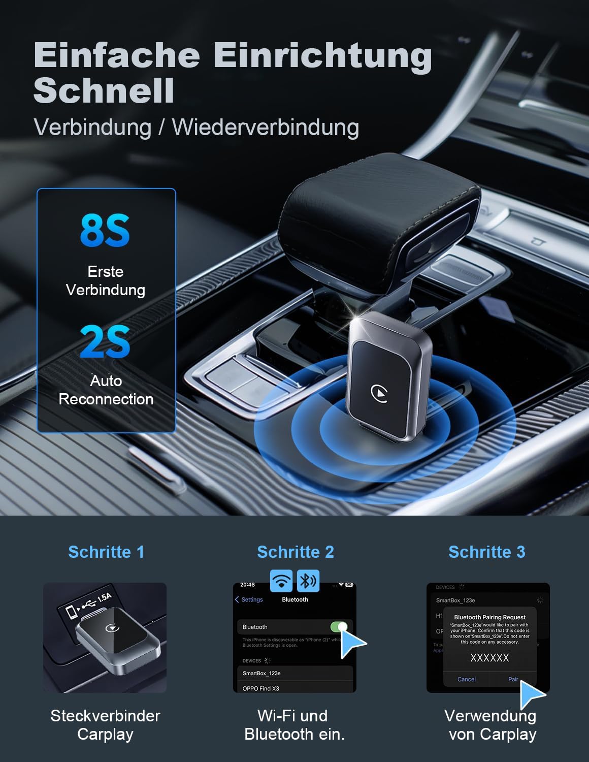 2026 Upgraded 2-in-1 Carplay Wireless Adapter, unterstützt CarPlay+Android Auto, Bluetooth 5.4 drahtlose Verbindung, Plug & Play, kompatibel mit iOS 10+/Android 11+ & Autos ab 2016
