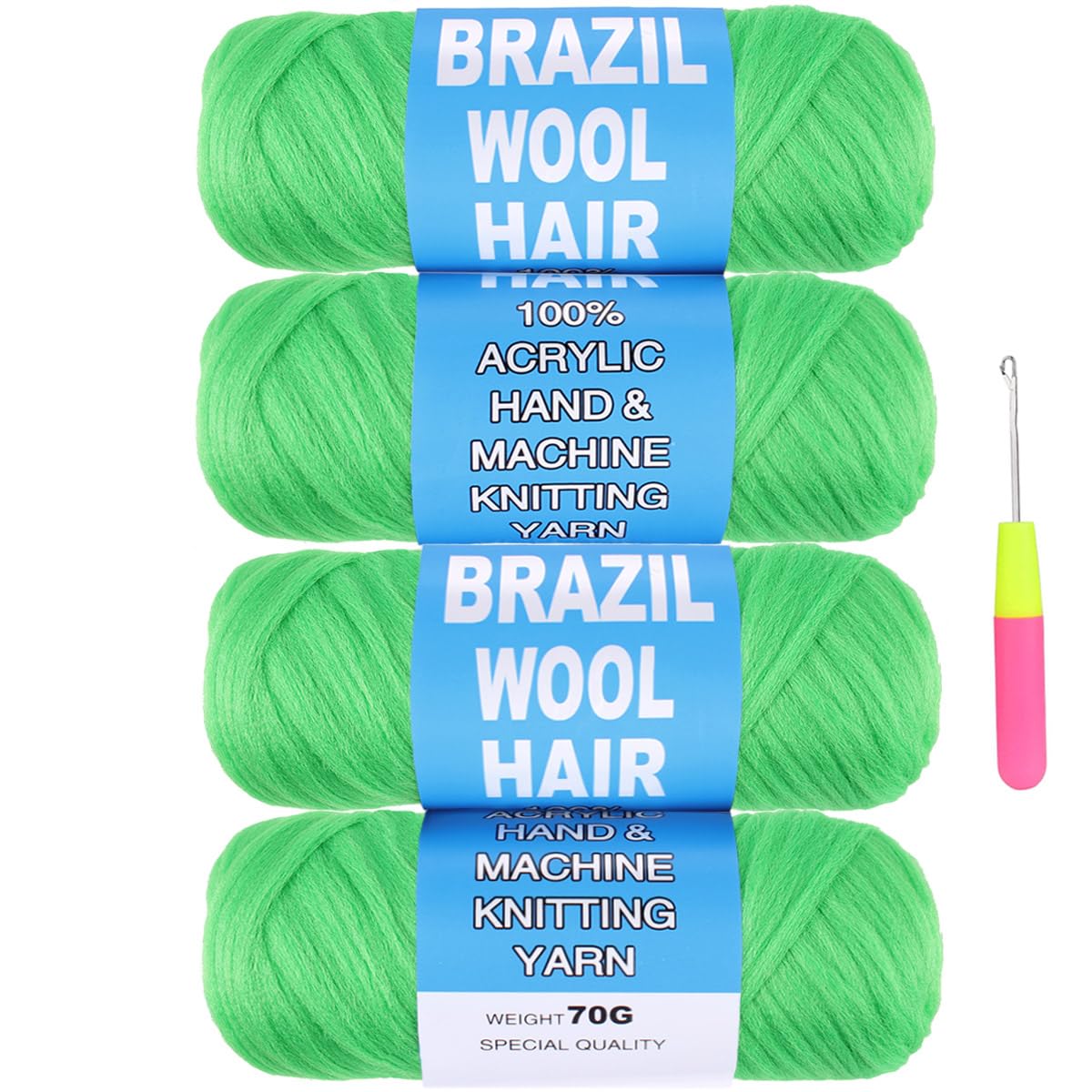 COOKOO 4 Roll Green Brazilian Wool Hair Yarn for Hair