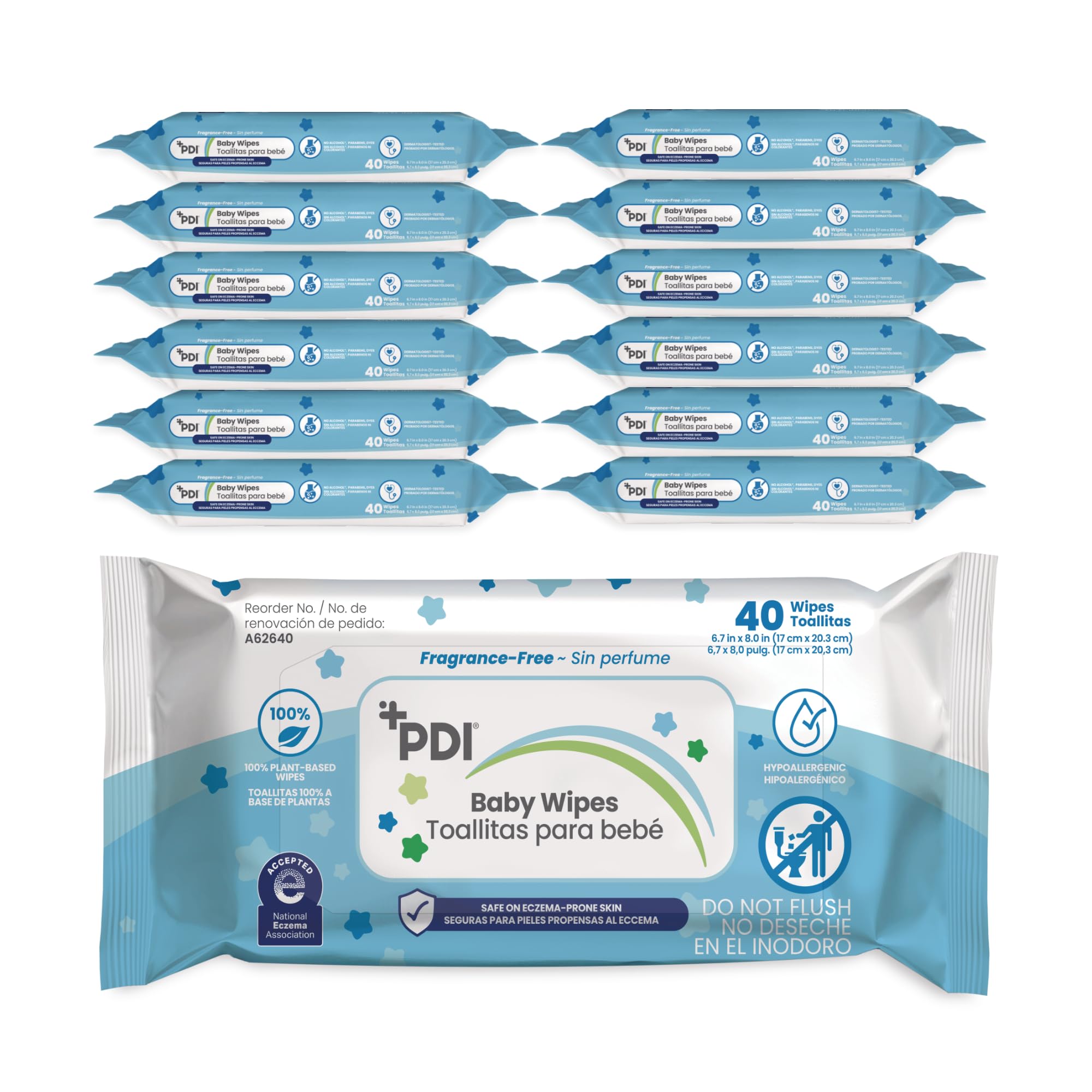 PDI Baby Wipes Hypoallergenic Eczema Safe Fragrance Free Plant-Based Wipes 12 Packs of 40 Wipes Each 480 Total