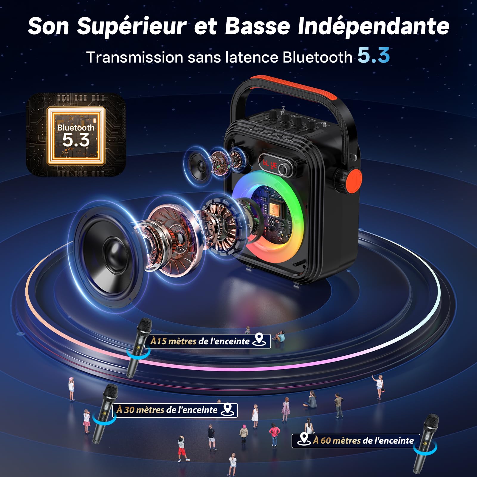 JYX Machine Karaoke avec 2 Microphones sans Fil, 90W Enceinte Karaoke Complet avec Lumières de fête, Portable Système Karaoké Support TWS/AUX/FM/USB/TF Carte