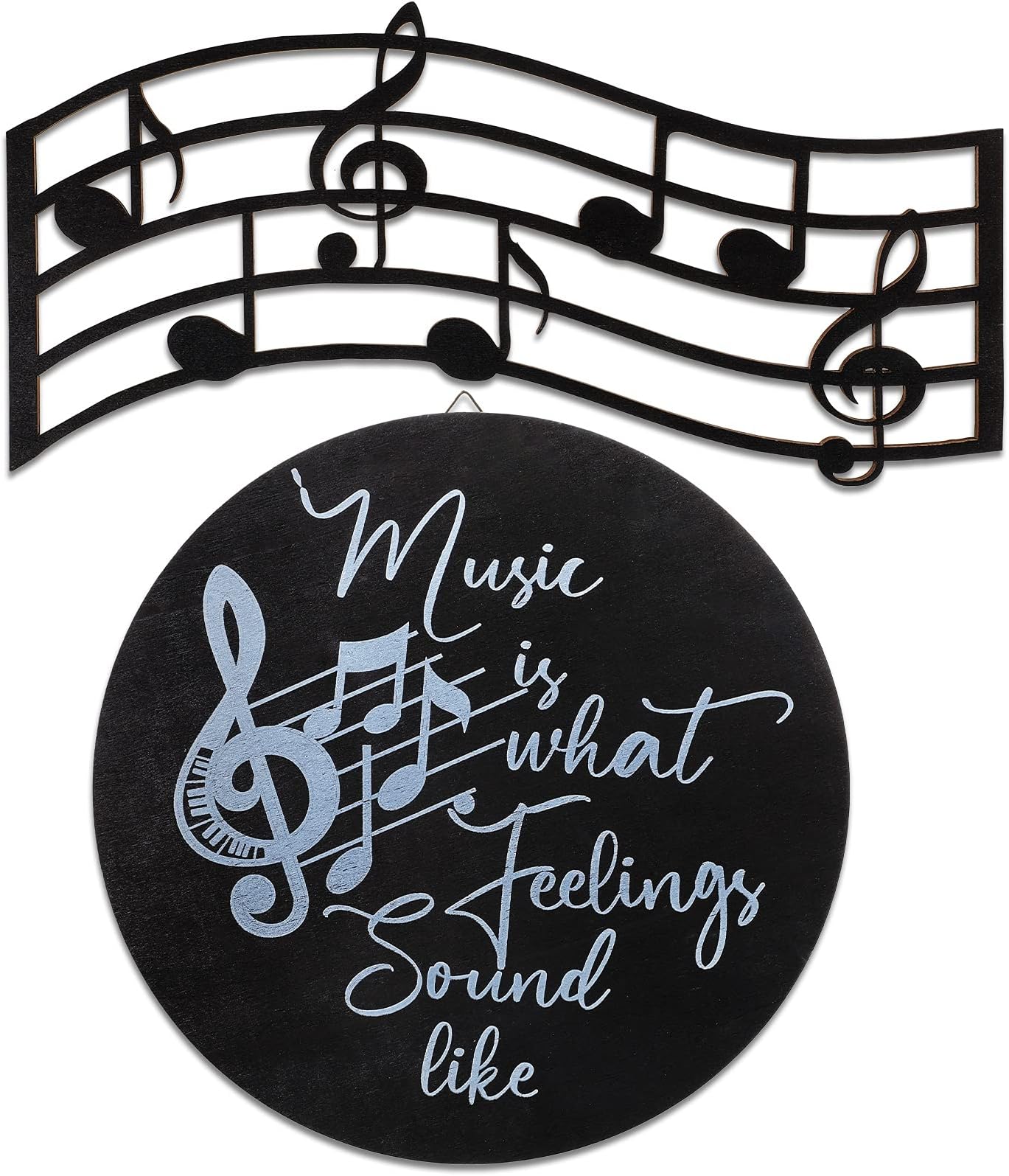 2 Pieces Music is What Feelings Sound Like Wooden Vinyl Music Notes Silhouette Wall Decor Round Record Album Wall Decor Black Vintage Hanging Signs for Home