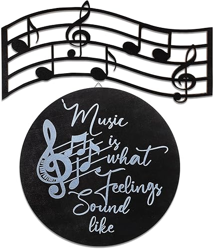 2 piezas Music is What Feelings Sound Like Madera Vinilo Notas Musicales Silueta Decoración de Pared Álbum de Disco Redondo Decoración de Pared