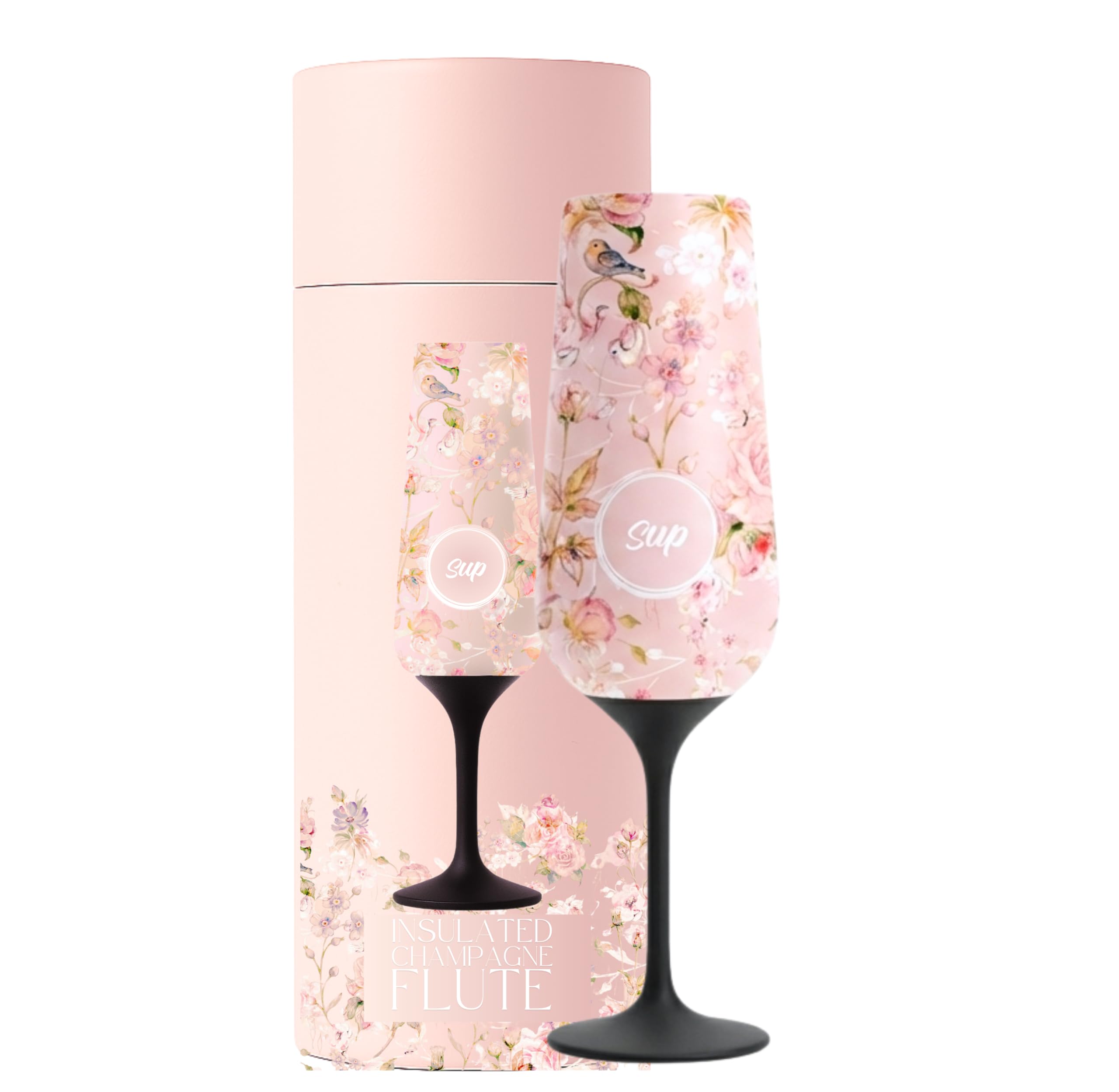 SUP Insulated Champagne Flute with Stem, Stainless Steel Champagne Glass & Prosecco Tumbler, 250ml Capacity - Flowers — image 1