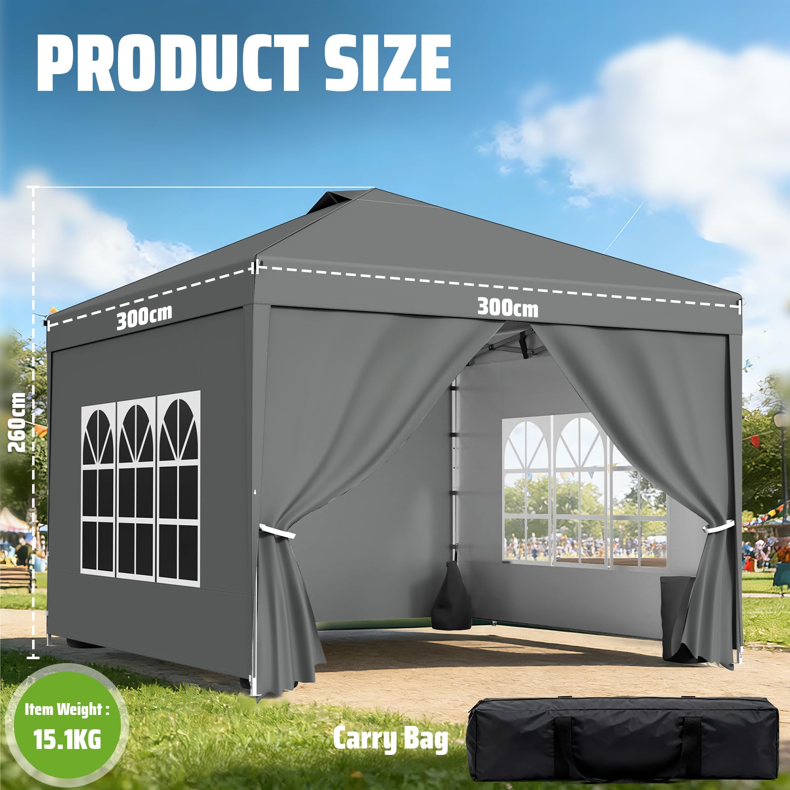 Tonnelle 3x3m Imperméable, Toile PU1500mm & Structure Acier - Tonnelle Pliante Hivernable avec Paroi Latérale & Réglage Hauteur One-Push - (INCL. 4X Sac de Sable & Accessoires,Gris argenté)