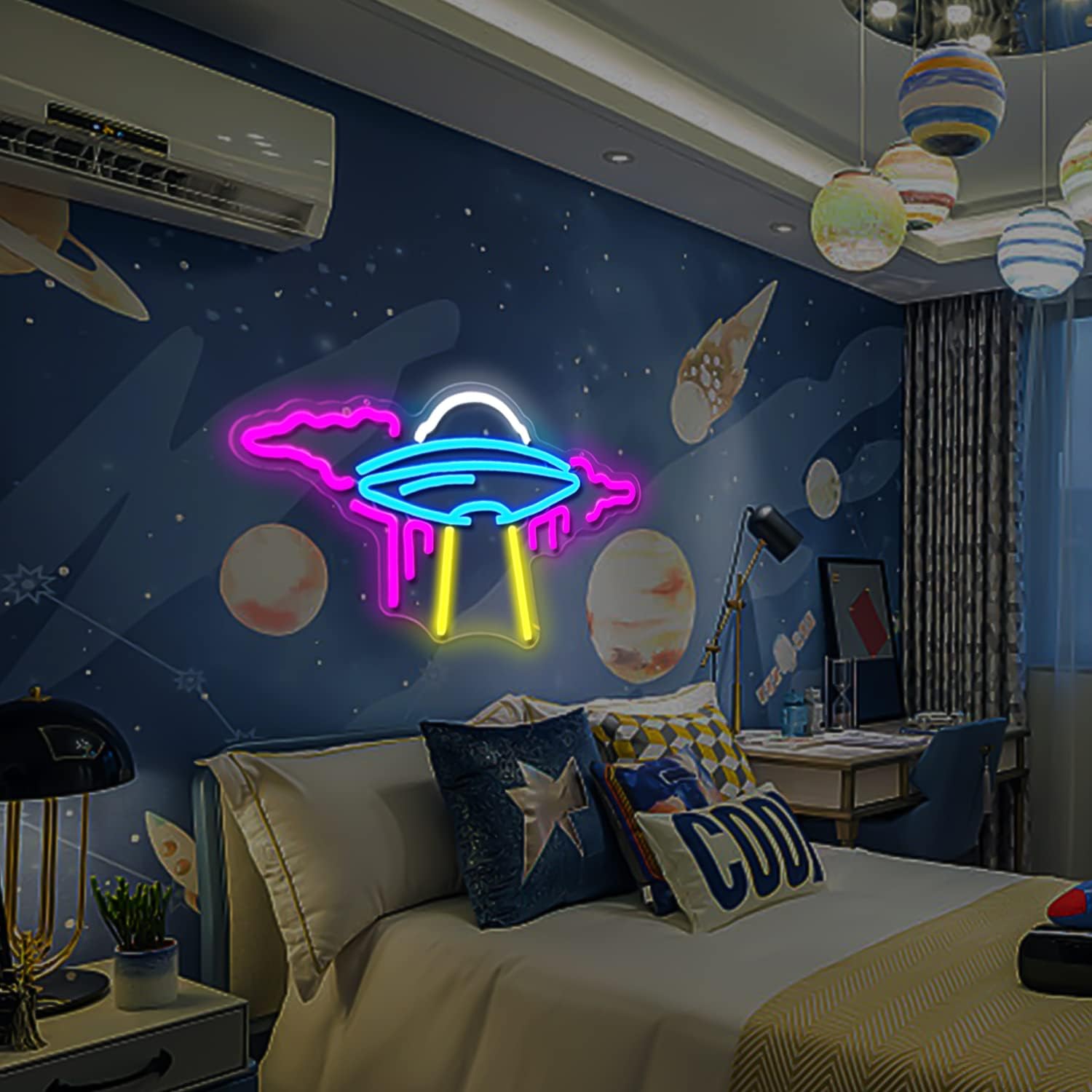 UFO Neon Sign Alien Spaceship LED Neon Lights Dimmable Space Neon Signs for Wall UFO Neon Light up Sign for Bedroom Kids Space Game Room Neon Wall Signs Decor - Image 6