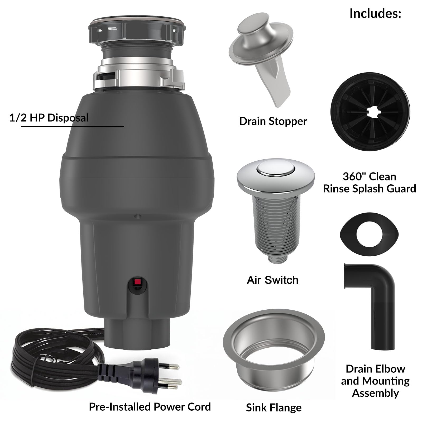 GarveeTech Triturador de basura de 1/2 HP, triturador de residuos de alimentos de alimentación continua con interruptor de aire y sello de brida, triturador de basura de acero inoxidable, triturador