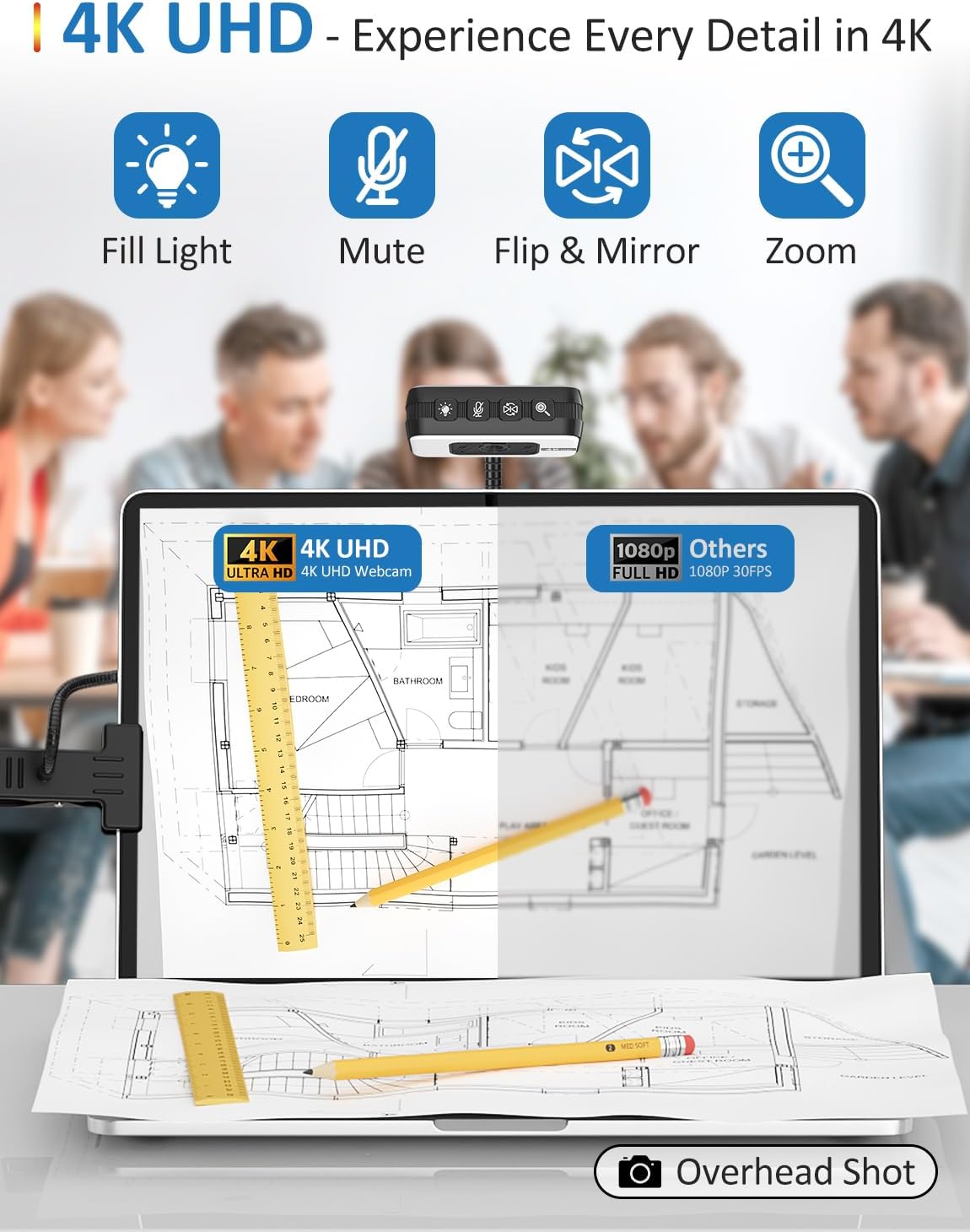 Webcam for PC, 4K Streaming Camera with Light, Web Camera for Desktop/Laptop Computer Webcam with Microphone, Plug and Play USB Web Cam with Bracket, for Live Streaming, Video Calls, and Meetings