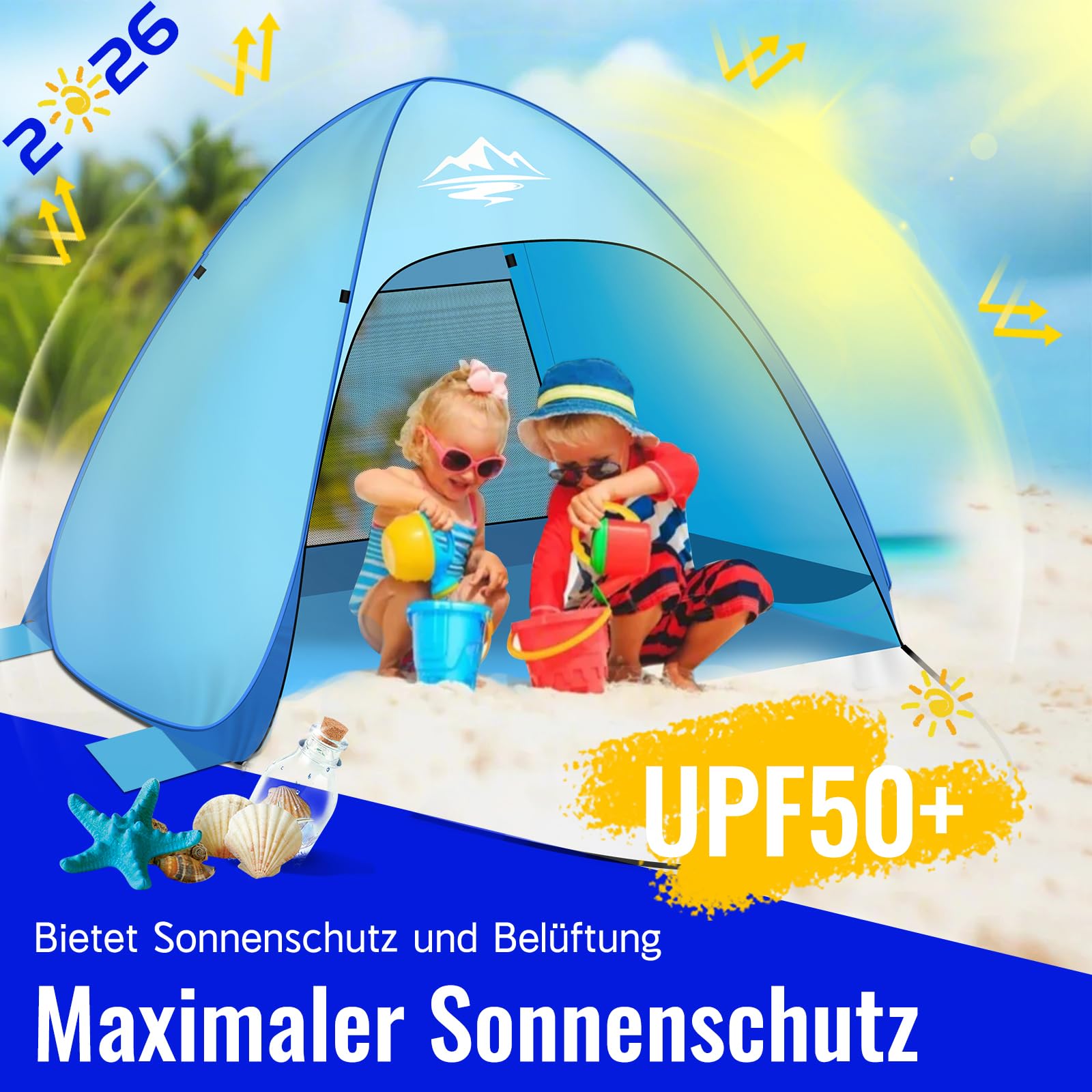 Strandmuschel Pop Up Strandzelt Strandzelt 1-3 Personen, Pop Up Strandmuschel mit Reißverschlusstür UV-Schutz 50+ Windschutz, Automatisches Tragbarer Wurfzelt für Familie Camping Garten Strand - 3