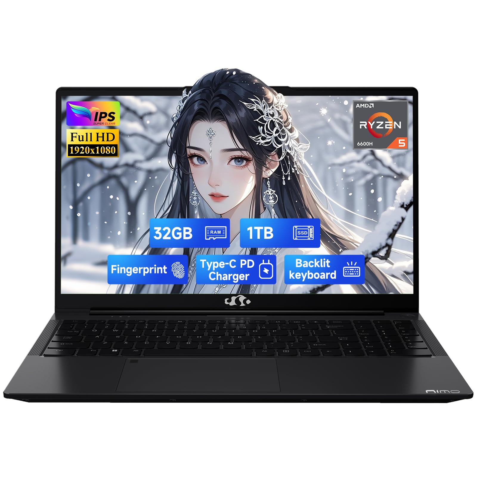 NIMO 15.6" IPS FHD-Gaming-Laptop,AMD Ryzen 5 6600H 6 Cores 32GB DDR5 RAM 1TB SSD (Beat i7-1165G7, Up to 4.5GHz) AMD Radeon 660M GPU-Computer with 100W Type-C Charger Backlit Keyboard Win 11