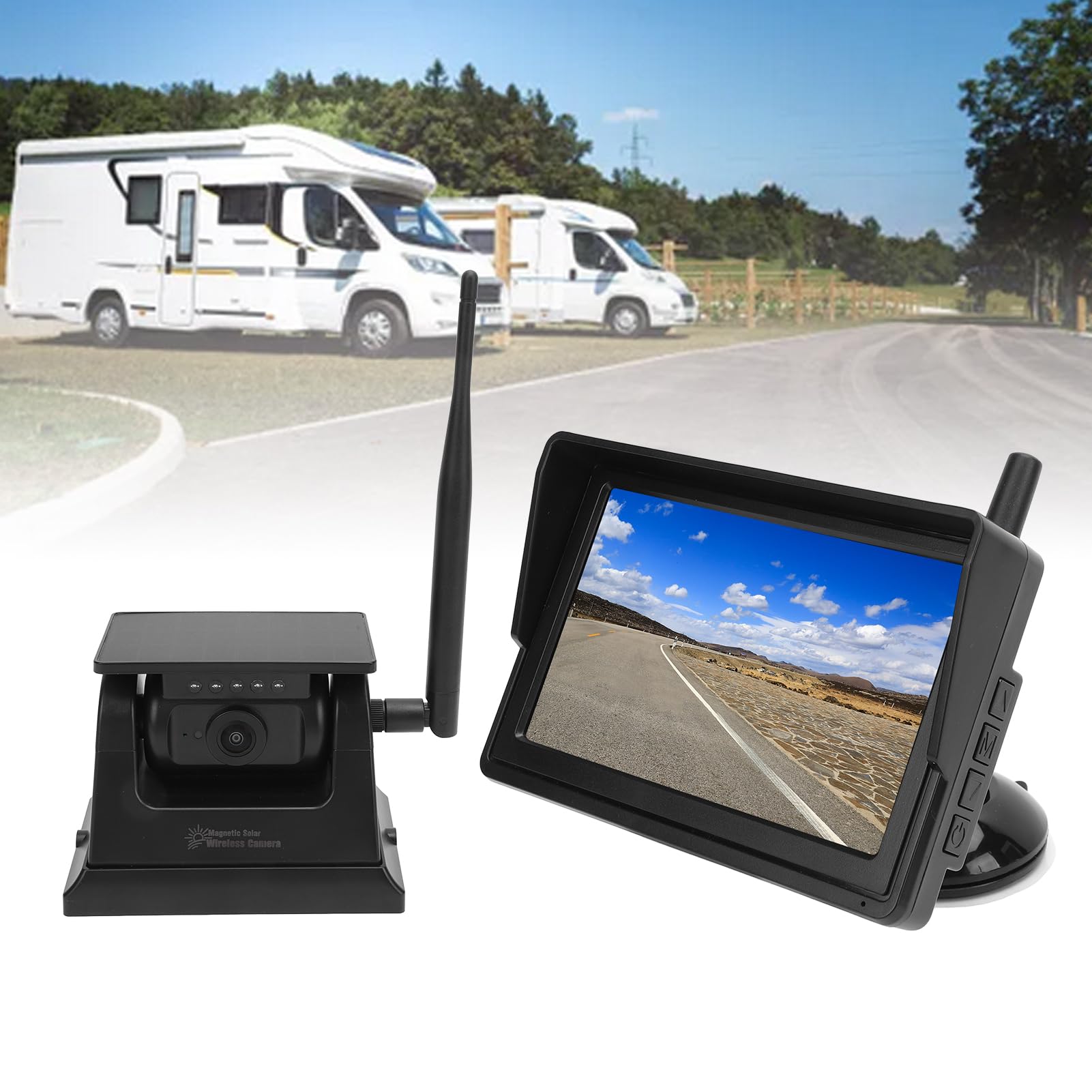 Cámara de Respaldo Solar Inalámbrica, Pantalla HD Magnética, 1080P, Vista Trasera a Prueba de Arañazos para Camiones, RV, Coches, Remolques de Caballos
