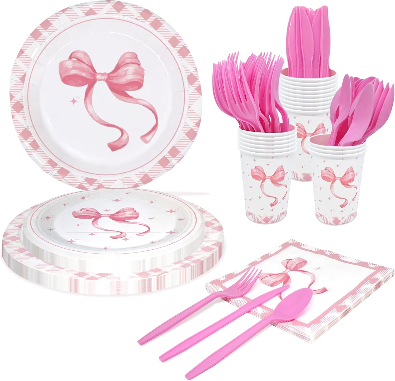 168 Pcs Pink Bow Party Supplies Disposable Tableware Set for Women