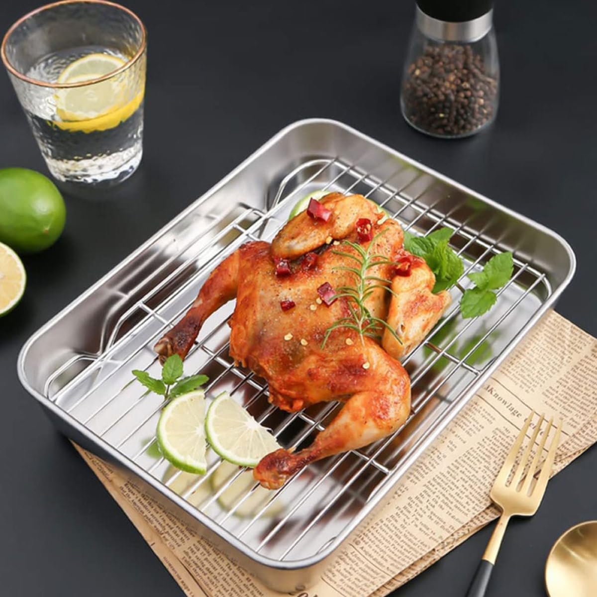 HOMSFOU Juegos de Bandejas para Hornear con Rejilla para Enfriar de Acero Inoxidable, Tamaño Compacto 23.5x17.5x2.5 Cm y 26.5x20.5x2.5 Cm, 2 Sets para Repostería y Asado en Horno