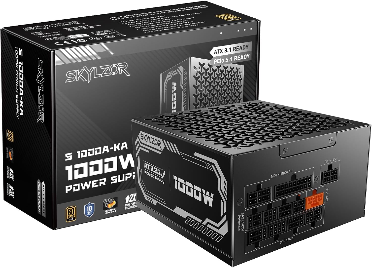 1000W Fully Modular Power Supply, 80+ Gold Certified PSU | ATX 3.1 & PCIe 5.1 Ready | 12V-2x6 Connector | 140mm Low-Noise Fan | 105℃ Japanese Capacitors | Black PSU