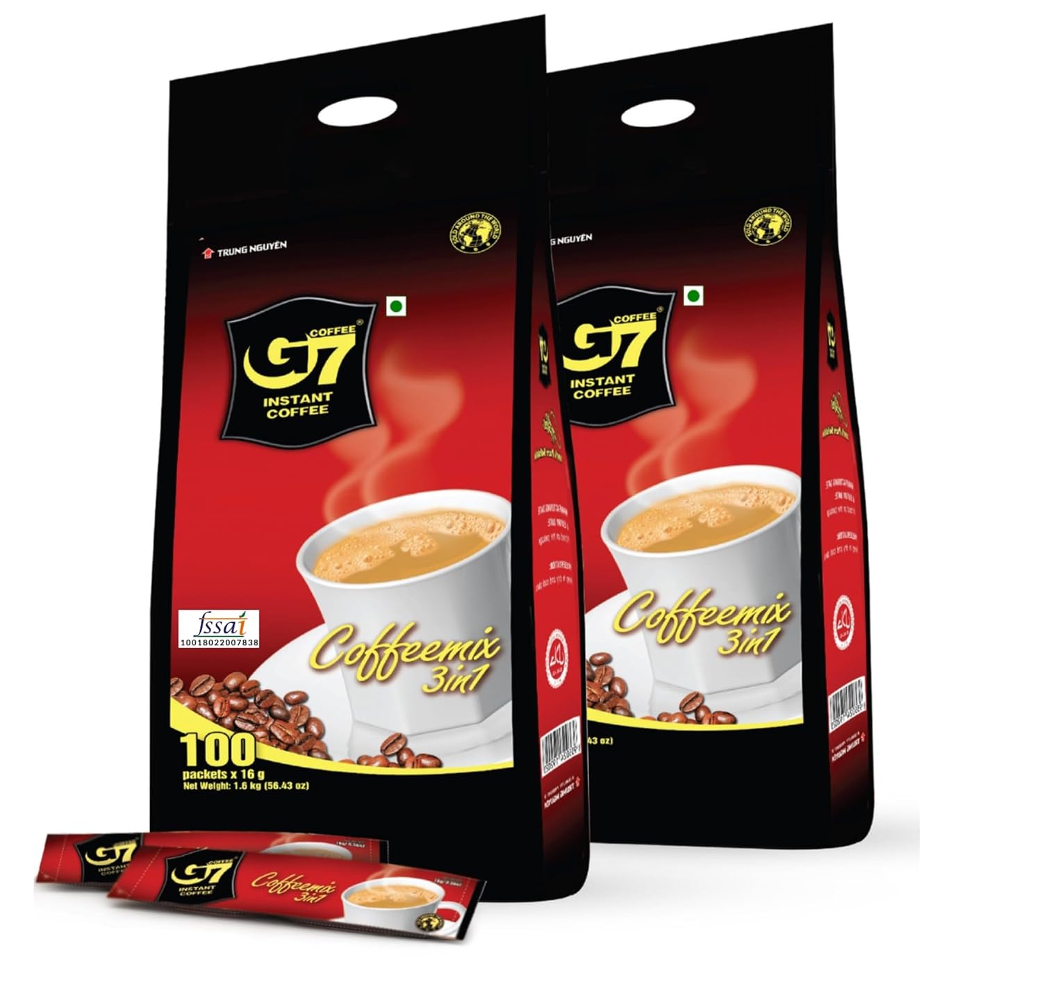 Trung Nguyen G7 3-In-1 Instant Coffee, 100 Servings*16G= 1.6 Kg, Sticks, Bag