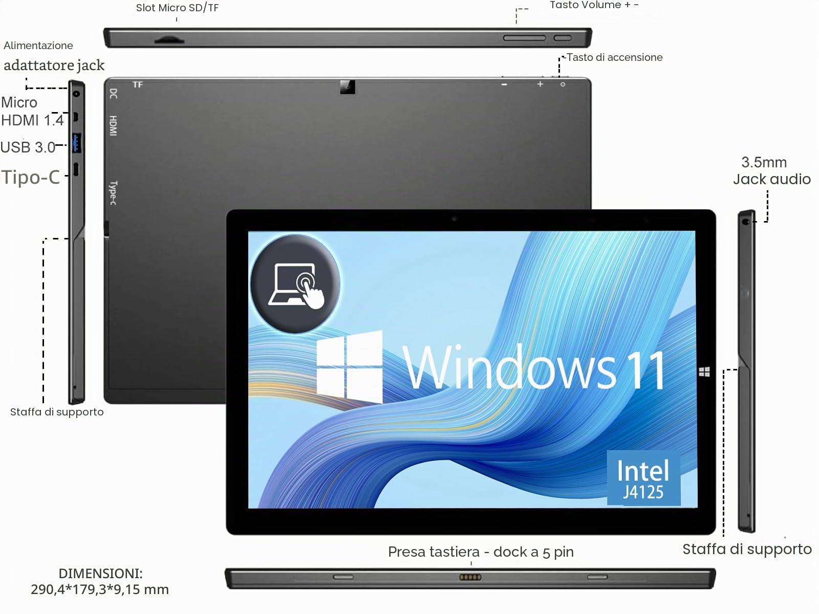 Windows 11 Tablet, 29,5 cm (11,6"), Intel N4020C, 8 GB RAM + 256 GB di memoria, 2 in 1 con tastiera rimovibile