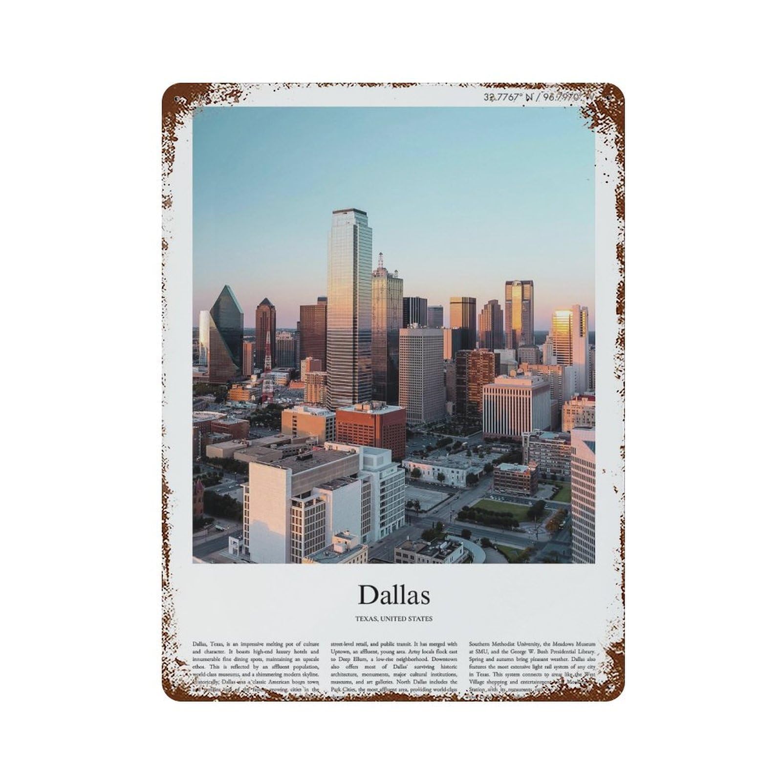 xiaoxiaoshen Dallas Texas, United States, USA City Scenery Wall Decor Art Metal Tin Poster Modern Home Decor Art Home Bar Shop Decorations Vintage Sign 40x30cm