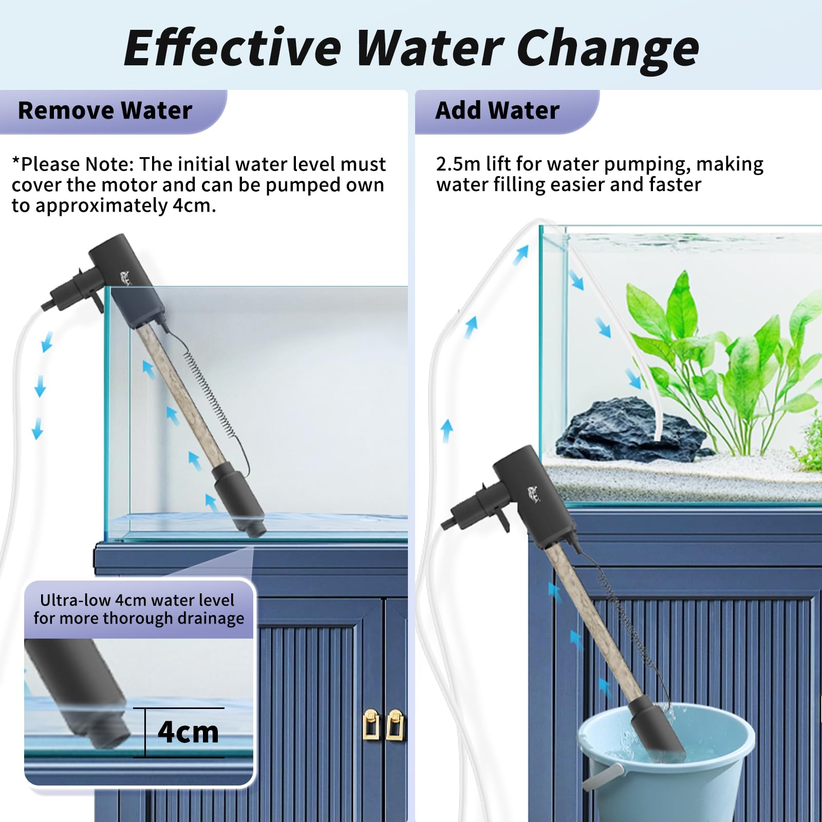 AQQA Limpiador de grava al vacío para acuario, 20 W, eléctrico, recargable, herramientas para cambio automático de agua, limpieza de desechos y lavado de arena, fuerte succión con 4 velocidades
