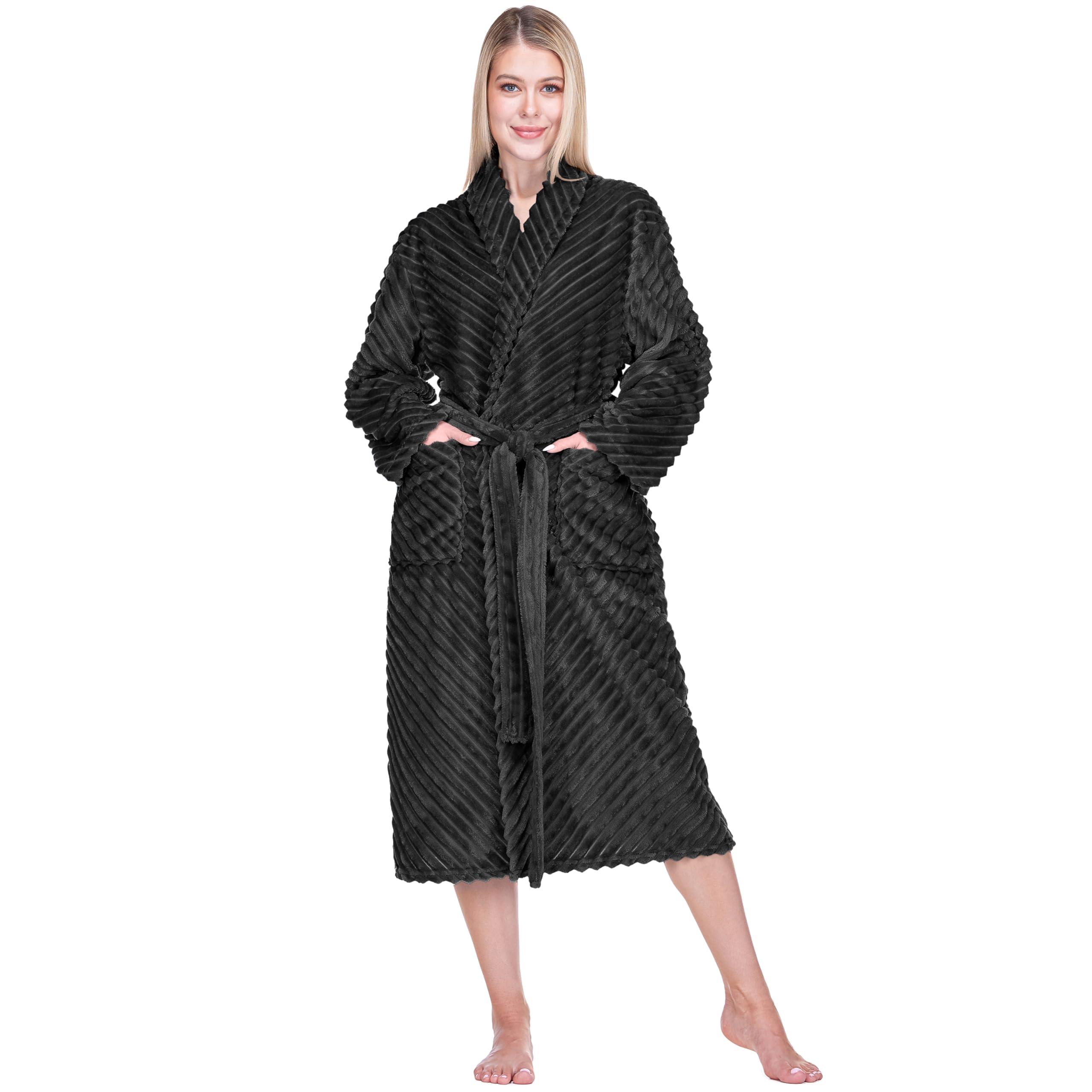 PAVILIA Super Soft Womens Robe, Fluffy Plush Fuzzy Cozy House Shower Bathrobe, Ribbed Striped Warm Fleece Long Robe for Women