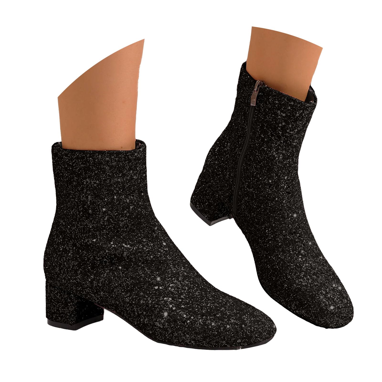 Sequin Low Heeled Ankle Boots Women Sparkly Glitter Block Heel Booties Womens Pointed Toe Chunky Heels Short Boots