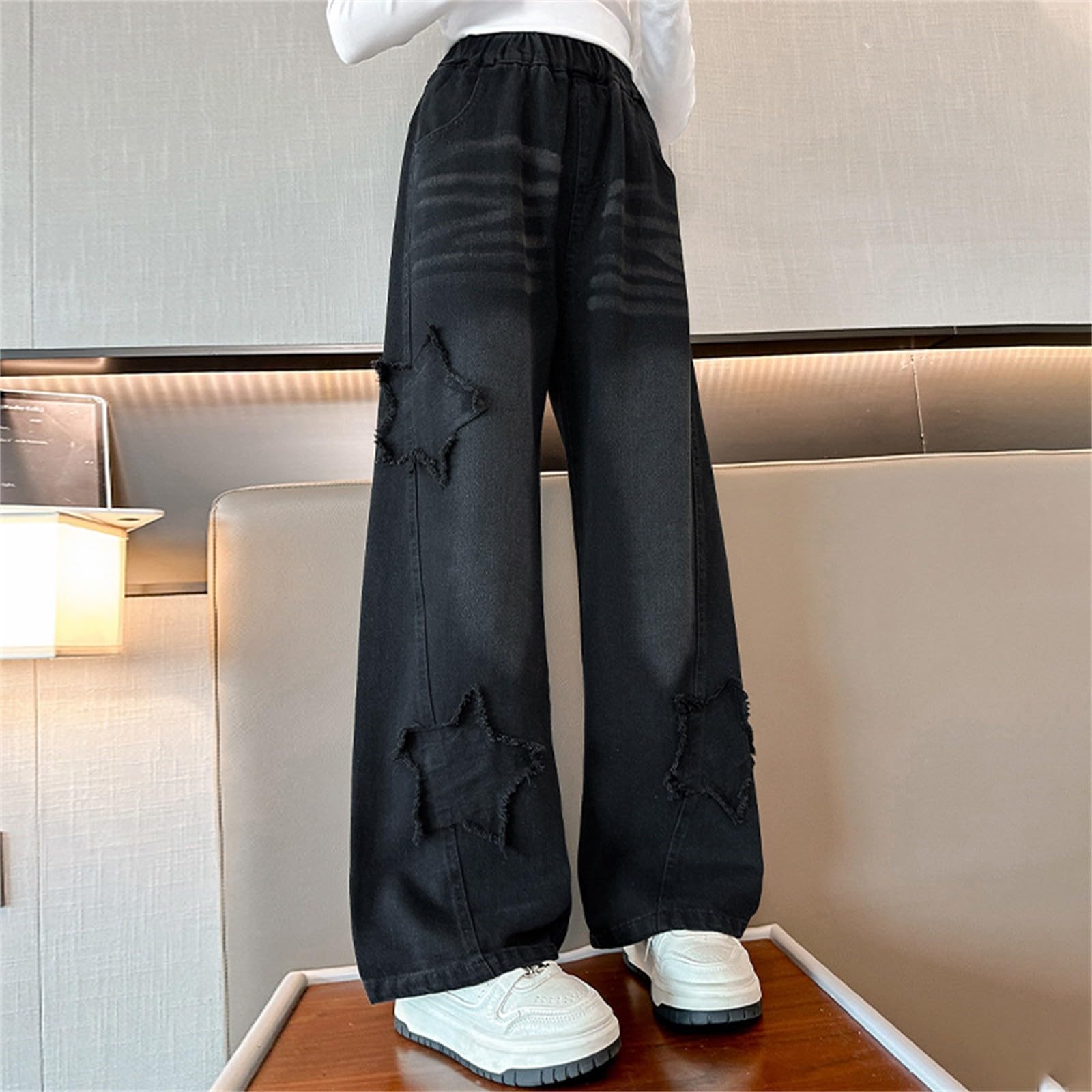 Black Star Jeans for Girls Straight Wide Leg Jeans Cotton High Waist Pants Casual Trousers (Black, 9-10 Years)