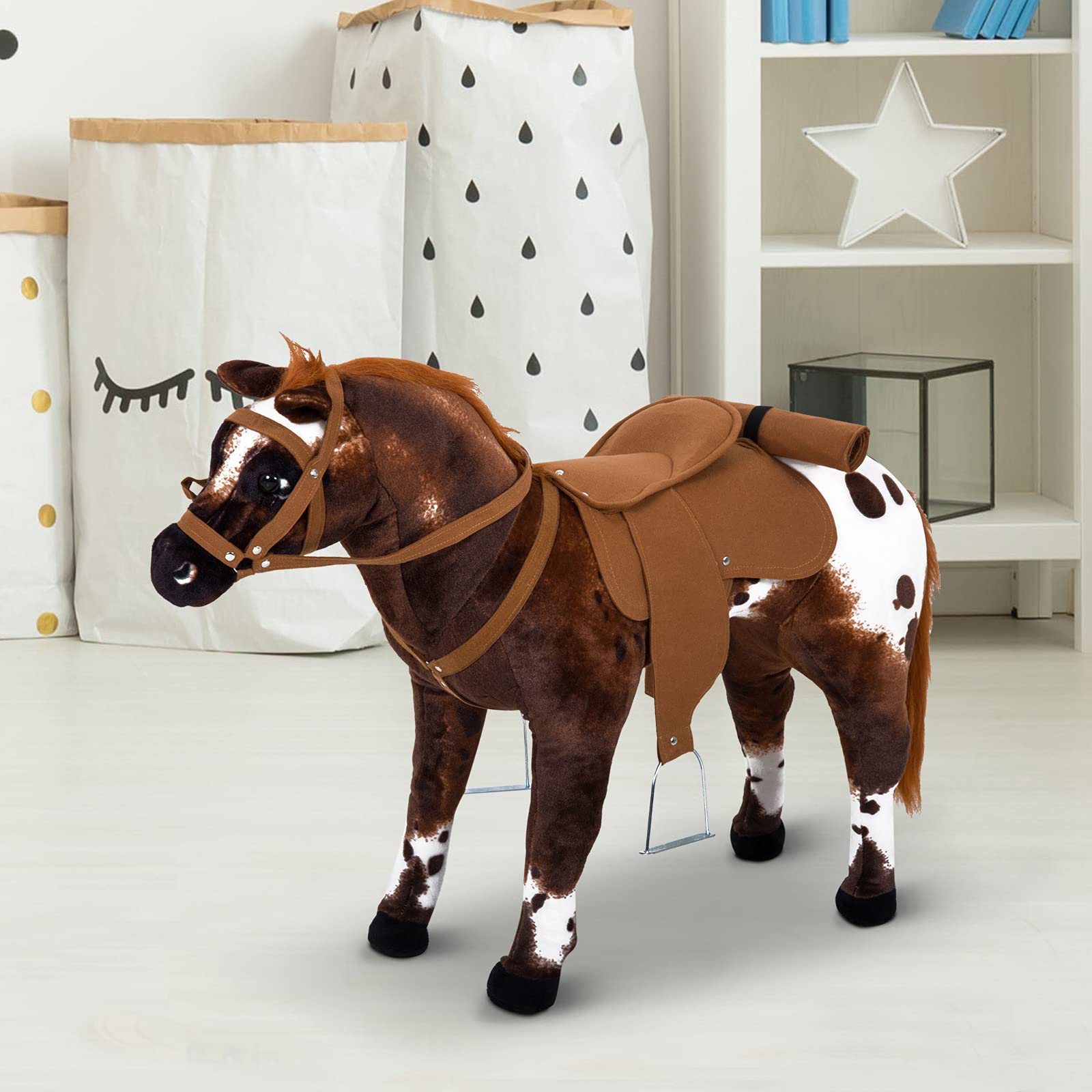 HOMCOM Caballo de Juguete Niños Mayores de 2 Años con Silla Sonidos Realistas y Estructura de Metal Carga 60 kg 85x28x60 cm Marrón
