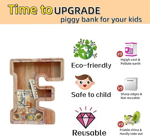 Miniatura 40 de Alcancía grande para niños y niñas, alcancía de madera personalizada con diseño recortado, bancos de monedas de letras del alfabeto, caja de ahorro