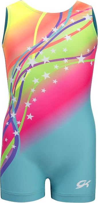 GK Stars Girls Gymnastics Biketard One-Piece Leotard with Shorts for Dance, Tumbling & Practice in Fun Prints