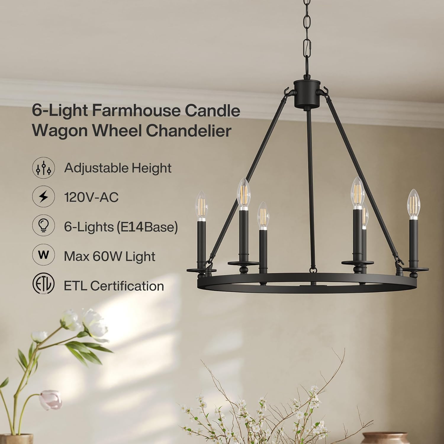 Tribesigns Kronleuchter Vintage Deckenleuchte Schwarz, 6 Flammig Hängelampe Wohnzimmer mit E14 Fassung, Industriell-Moderner Kronleuchter für Schlafzimmer, Küche, Flur, Eingangsbereich, Wohnzimmer